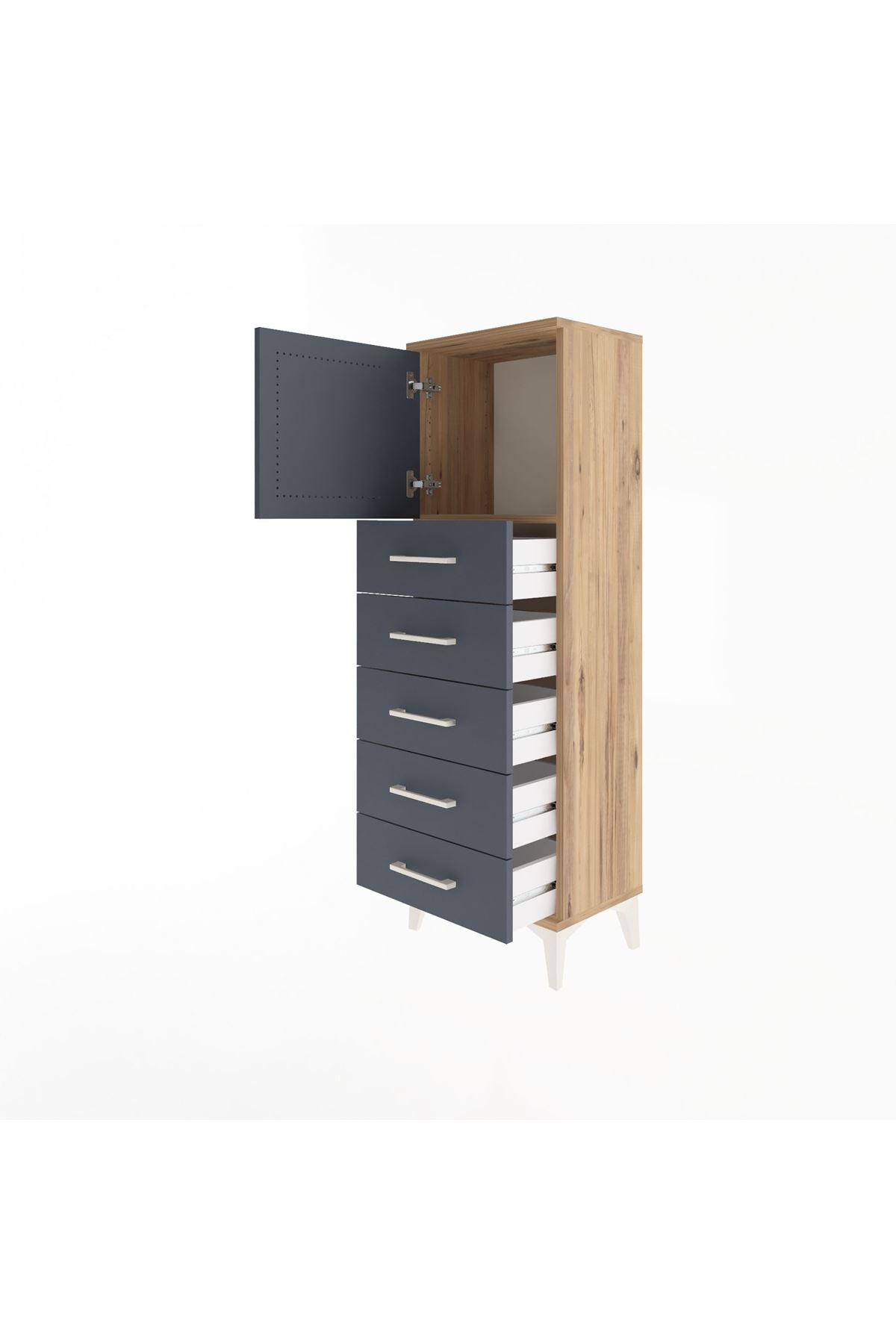 Arges Dolap Tek Raflı 5 Çekmeceli Tek Kapaklı 44x30x134 Çam-Antrasit