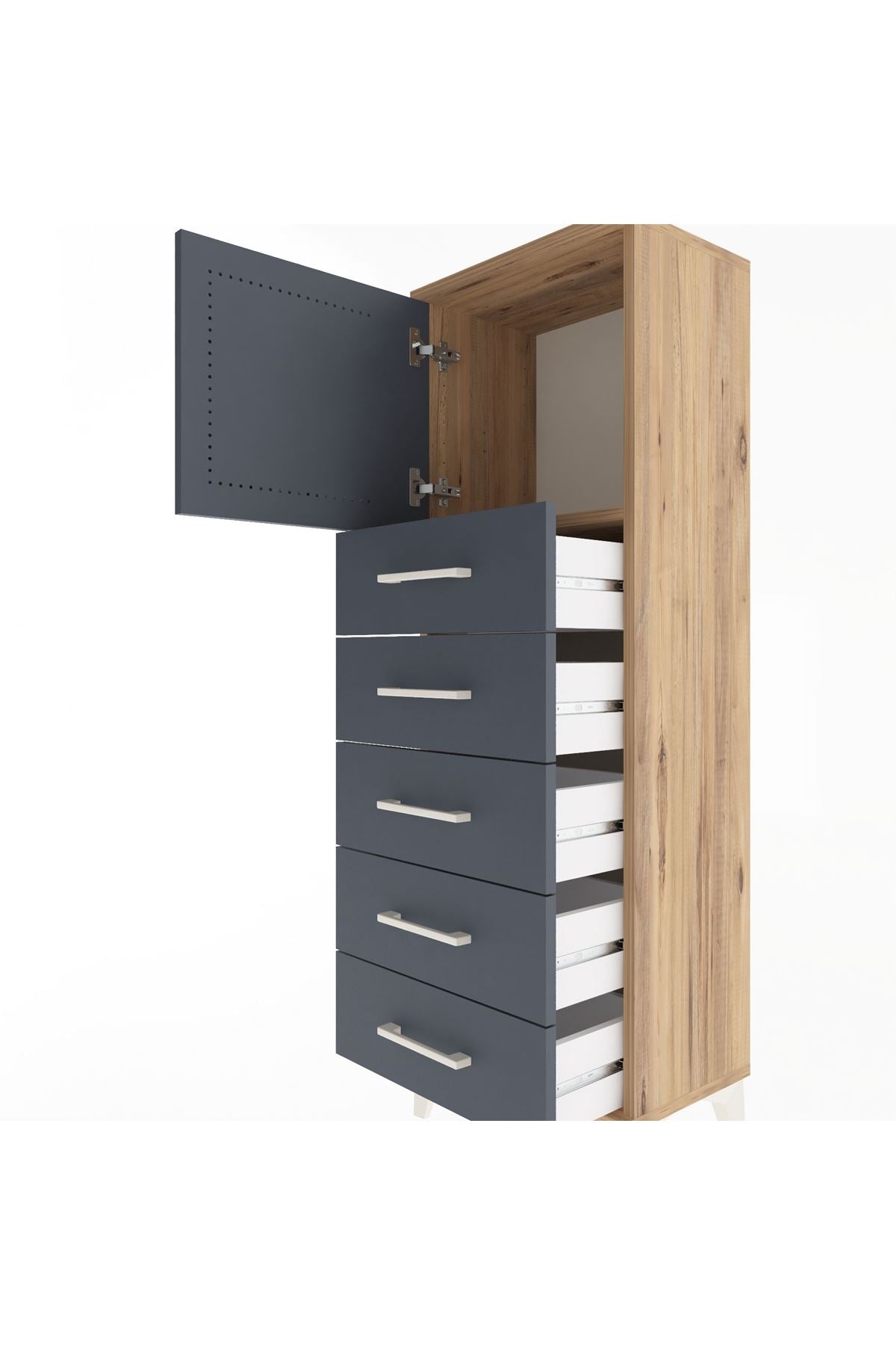 Arges Dolap Tek Raflı 5 Çekmeceli Tek Kapaklı 44x30x134 Çam-Antrasit