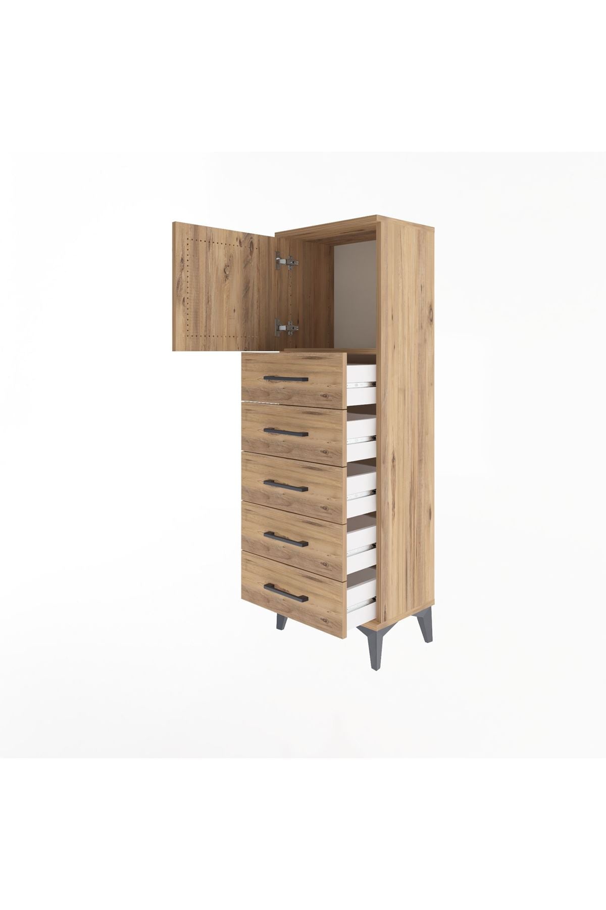 Arges Dolap Tek Raflı 5 Çekmeceli Tek Kapaklı 44x30x134 Çam-Çam