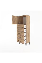 Arges Dolap Tek Raflı 5 Çekmeceli Tek Kapaklı 44x30x134 Çam-Çam