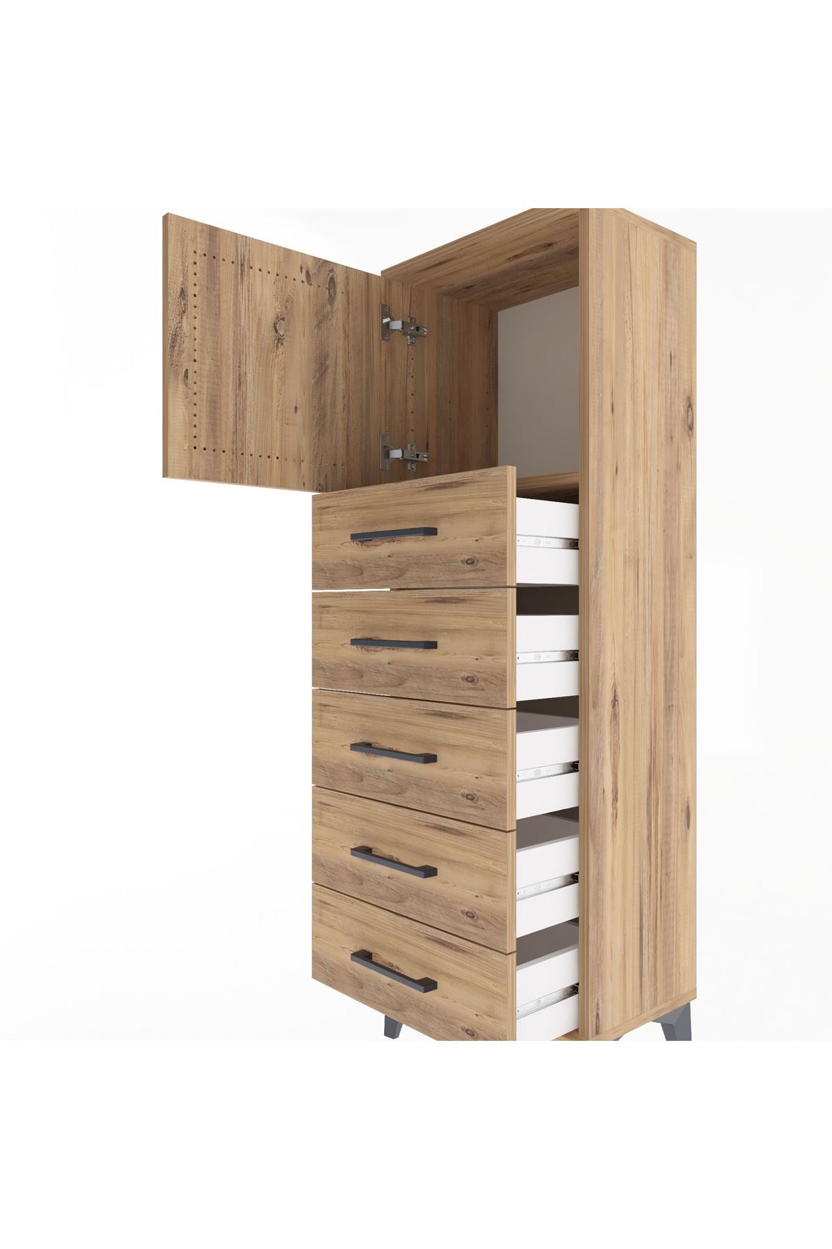 Arges Dolap Tek Raflı 5 Çekmeceli Tek Kapaklı 44x30x134 Çam-Çam