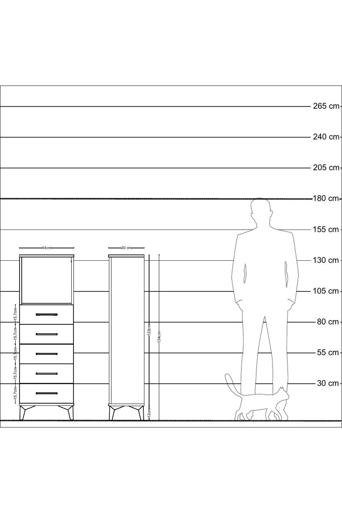 Arges Dolap Tek Raflı 5 Çekmeceli 44x30x134 Çam-Antrasit