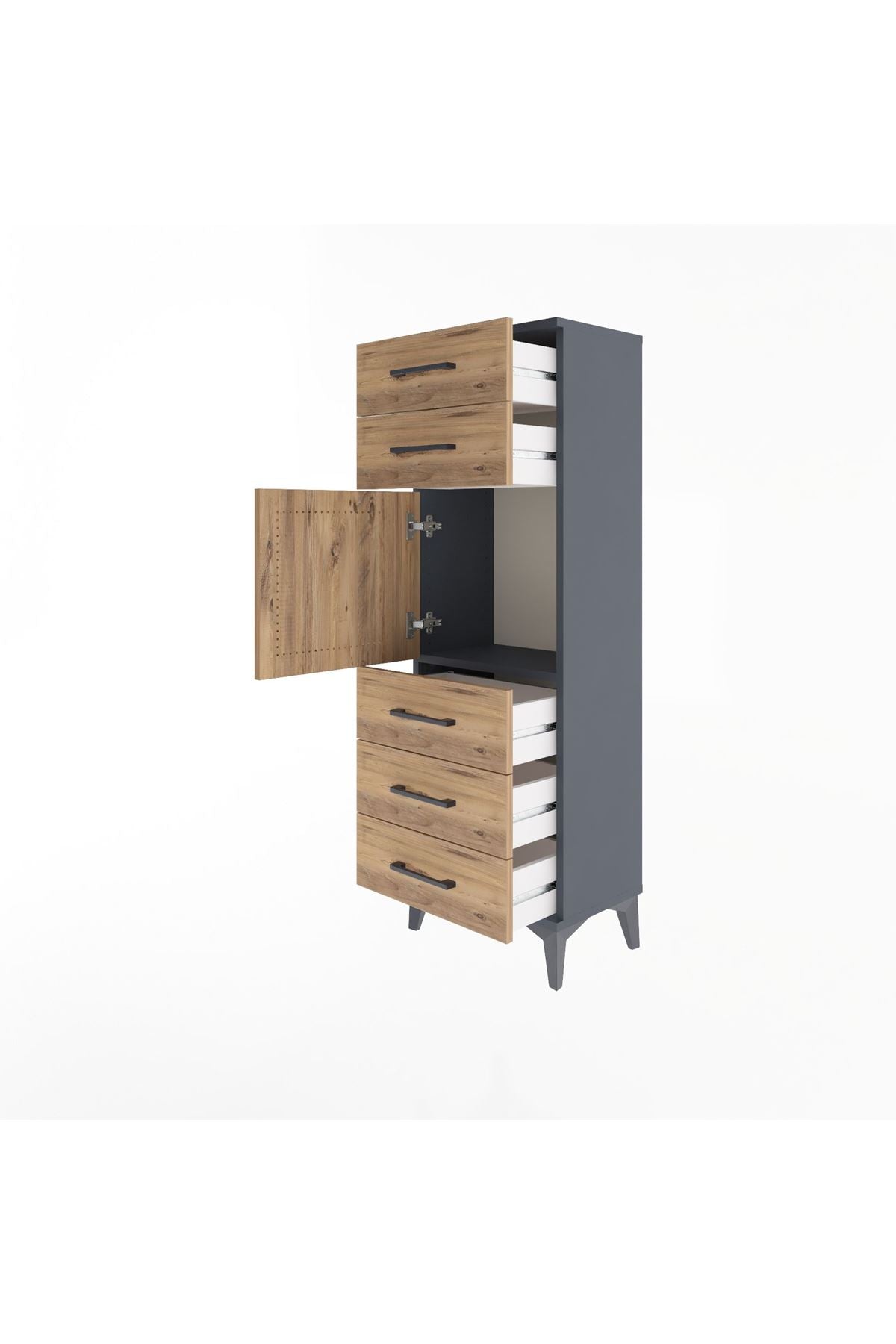 Arges Dolap Tek Raflı 5 Çekmeceli Tek Kapaklı 44x30x134 Antrasit-Çam