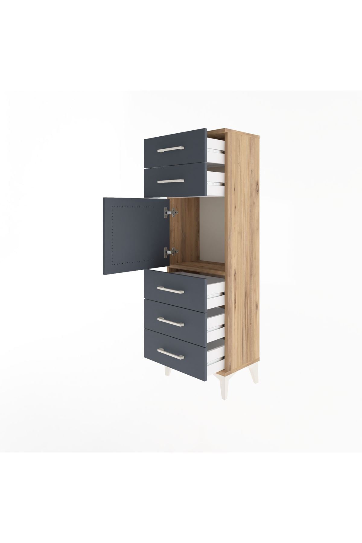 Arges Dolap Tek Raflı 5 Çekmeceli Tek Kapaklı 44x30x134 Çam-Antrasit