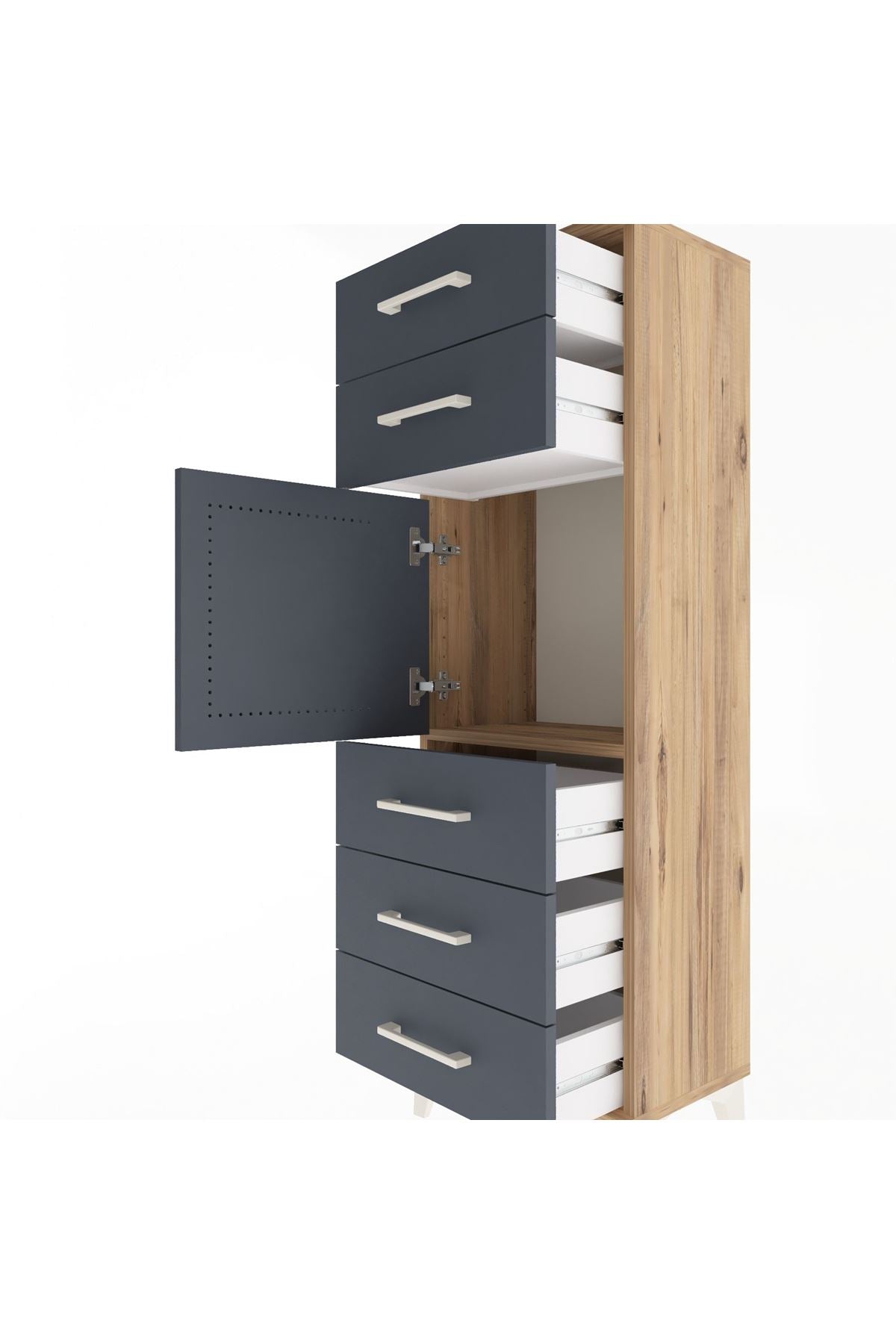 Arges Dolap Tek Raflı 5 Çekmeceli Tek Kapaklı 44x30x134 Çam-Antrasit