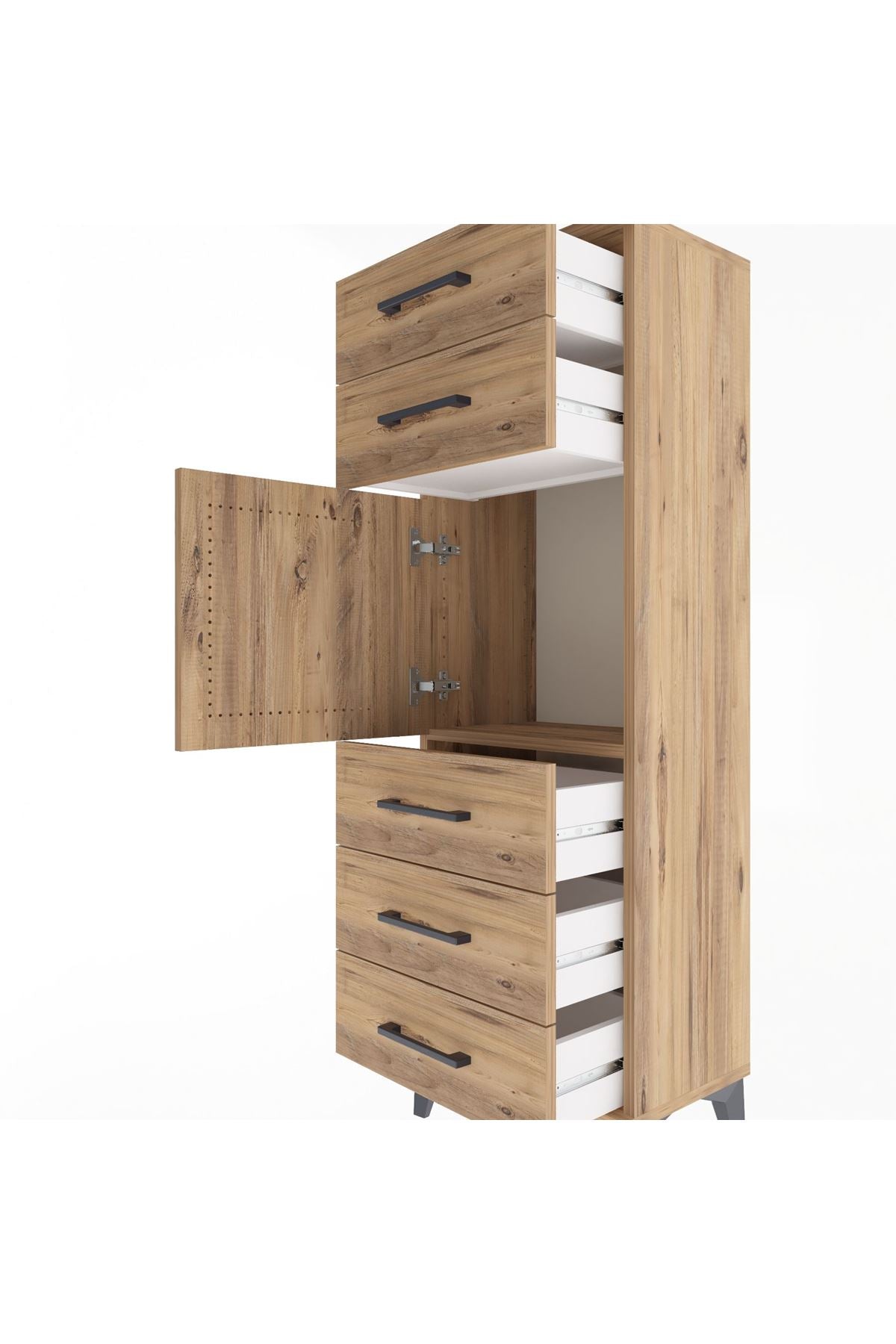 Arges Dolap Tek Raflı 5 Çekmeceli Tek Kapaklı 44x30x134 Çam-Çam