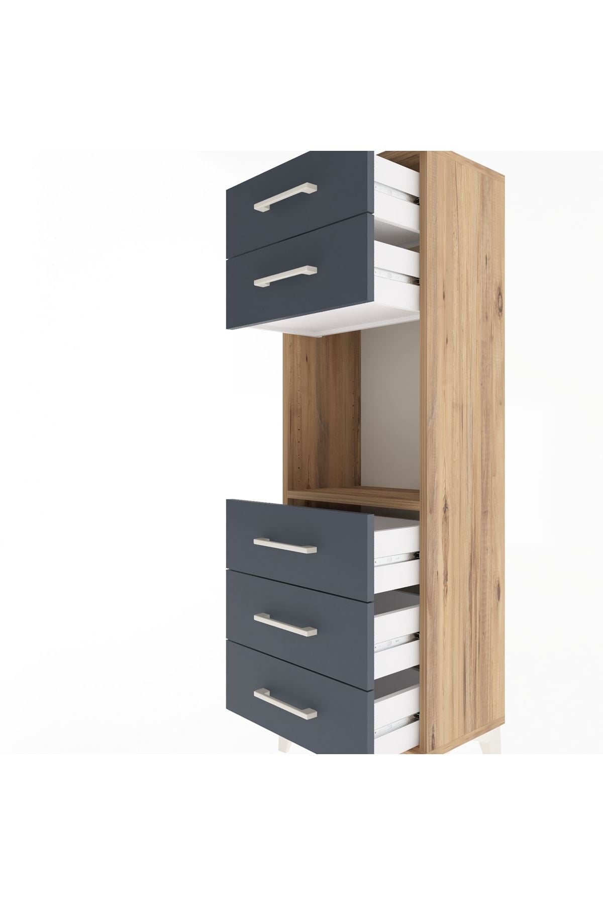 Arges Dolap Tek Raflı 5 Çekmeceli 44x30x134 Çam-Antrasit