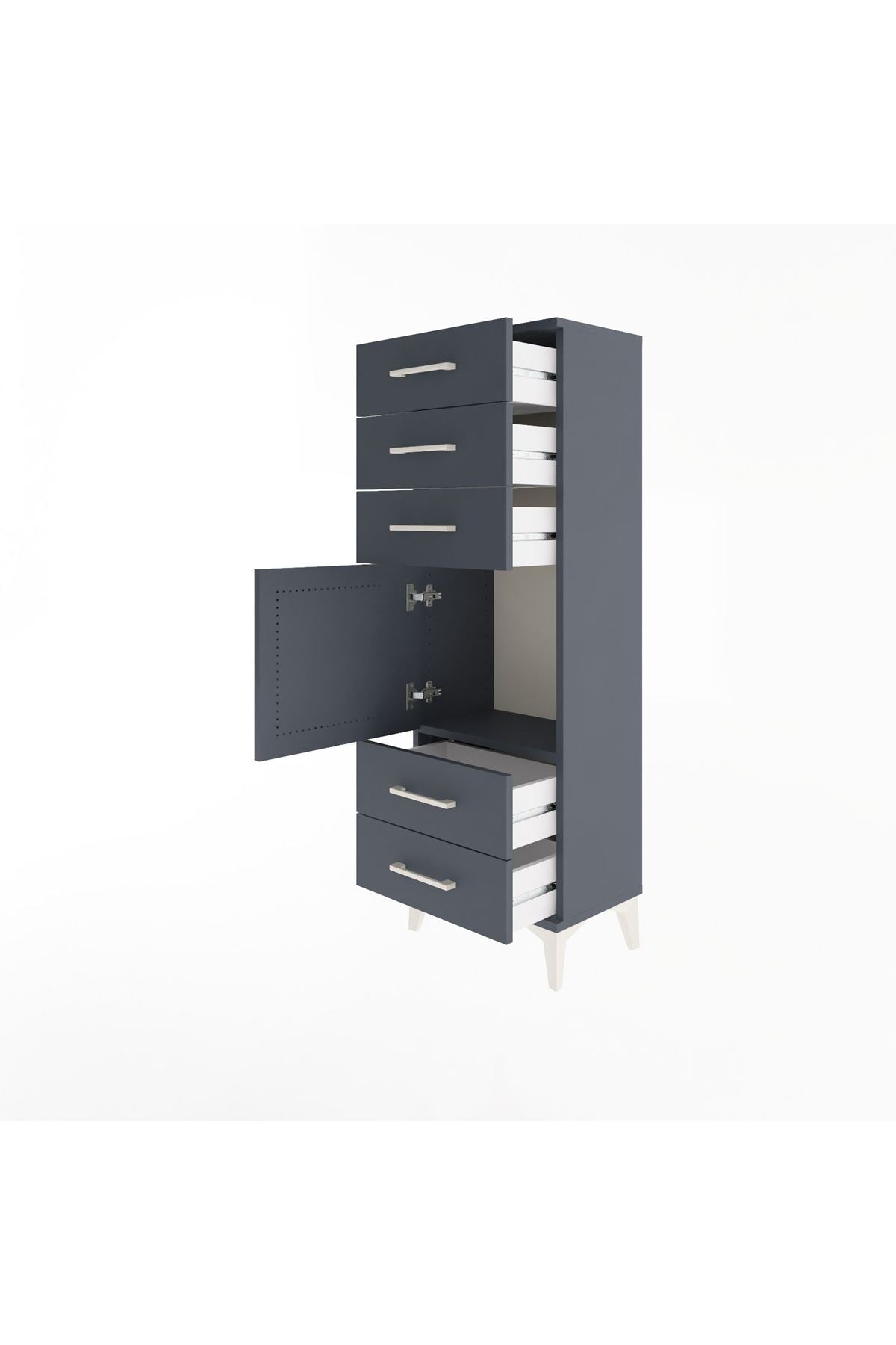 Arges Dolap Tek Raflı 5 Çekmeceli Tek Kapaklı 44x30x134 Antrasit-Antrasit