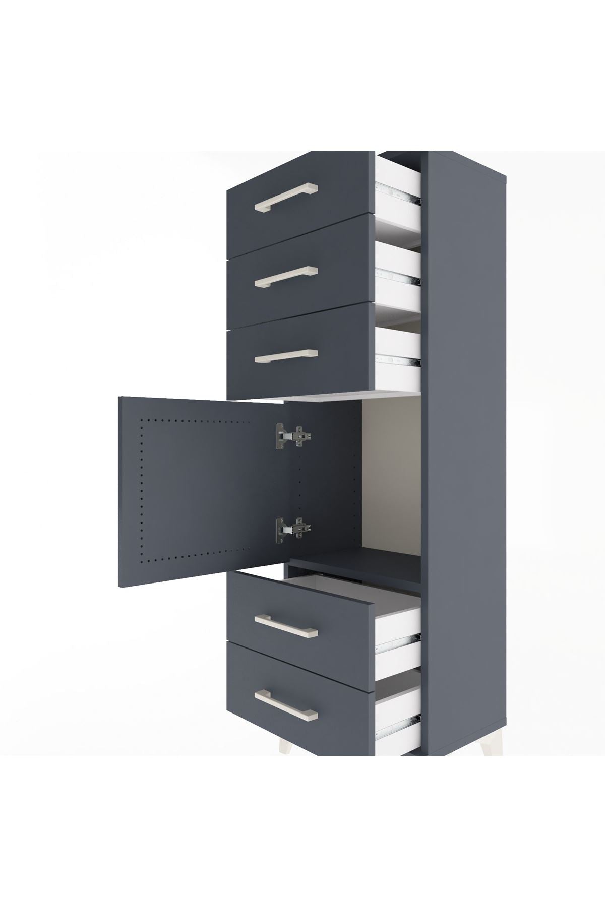 Arges Dolap Tek Raflı 5 Çekmeceli Tek Kapaklı 44x30x134 Antrasit-Antrasit