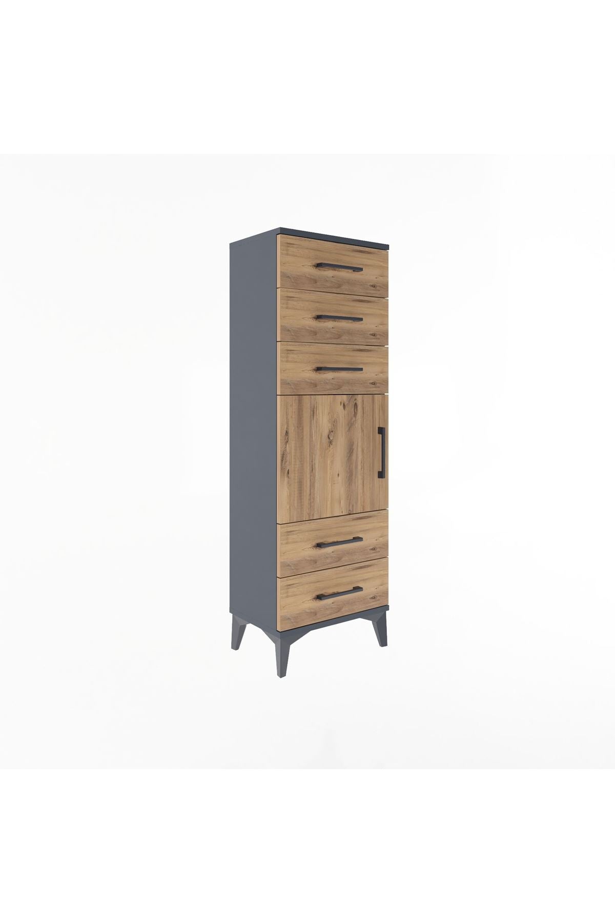 Arges Dolap Tek Raflı 5 Çekmeceli Tek Kapaklı 44x30x134 Antrasit-Çam