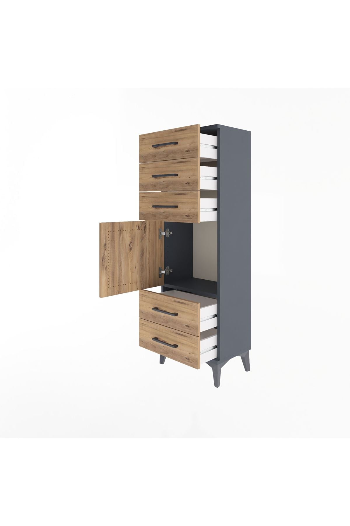 Arges Dolap Tek Raflı 5 Çekmeceli Tek Kapaklı 44x30x134 Antrasit-Çam