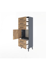 Arges Dolap Tek Raflı 5 Çekmeceli Tek Kapaklı 44x30x134 Antrasit-Çam