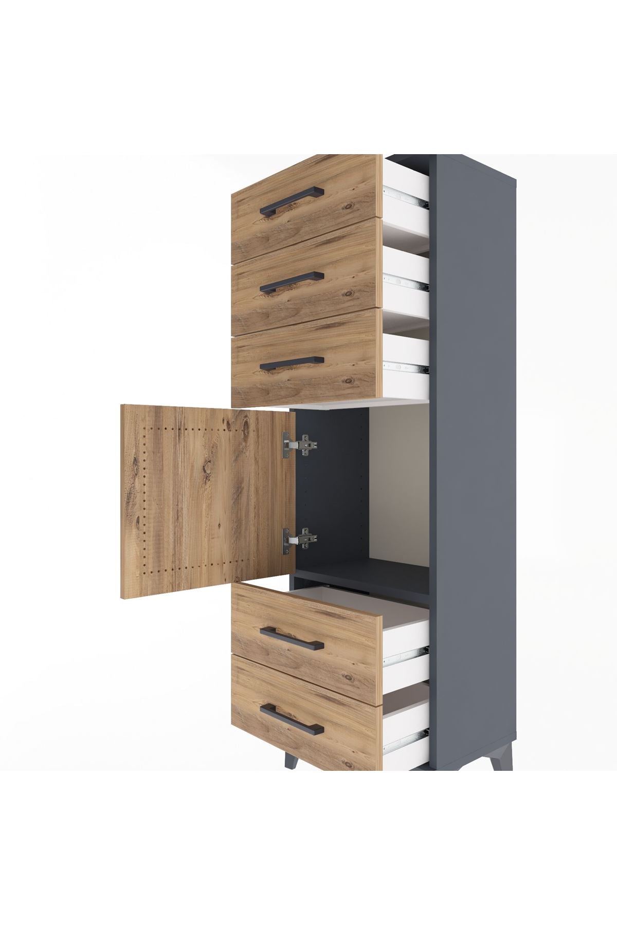 Arges Dolap Tek Raflı 5 Çekmeceli Tek Kapaklı 44x30x134 Antrasit-Çam