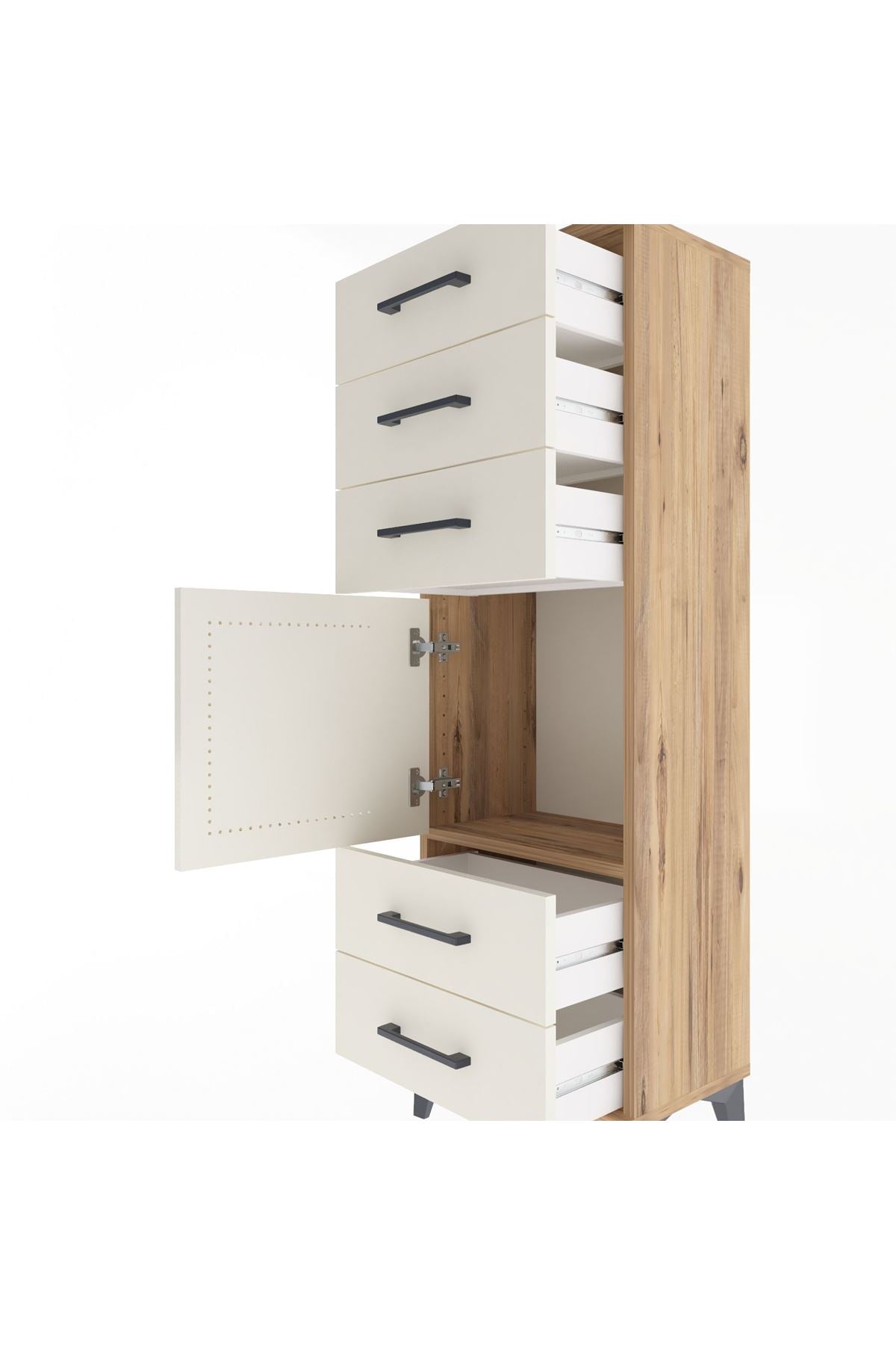 Arges Dolap Tek Raflı 5 Çekmeceli Tek Kapaklı 44x30x134 Çam-Aytaşı