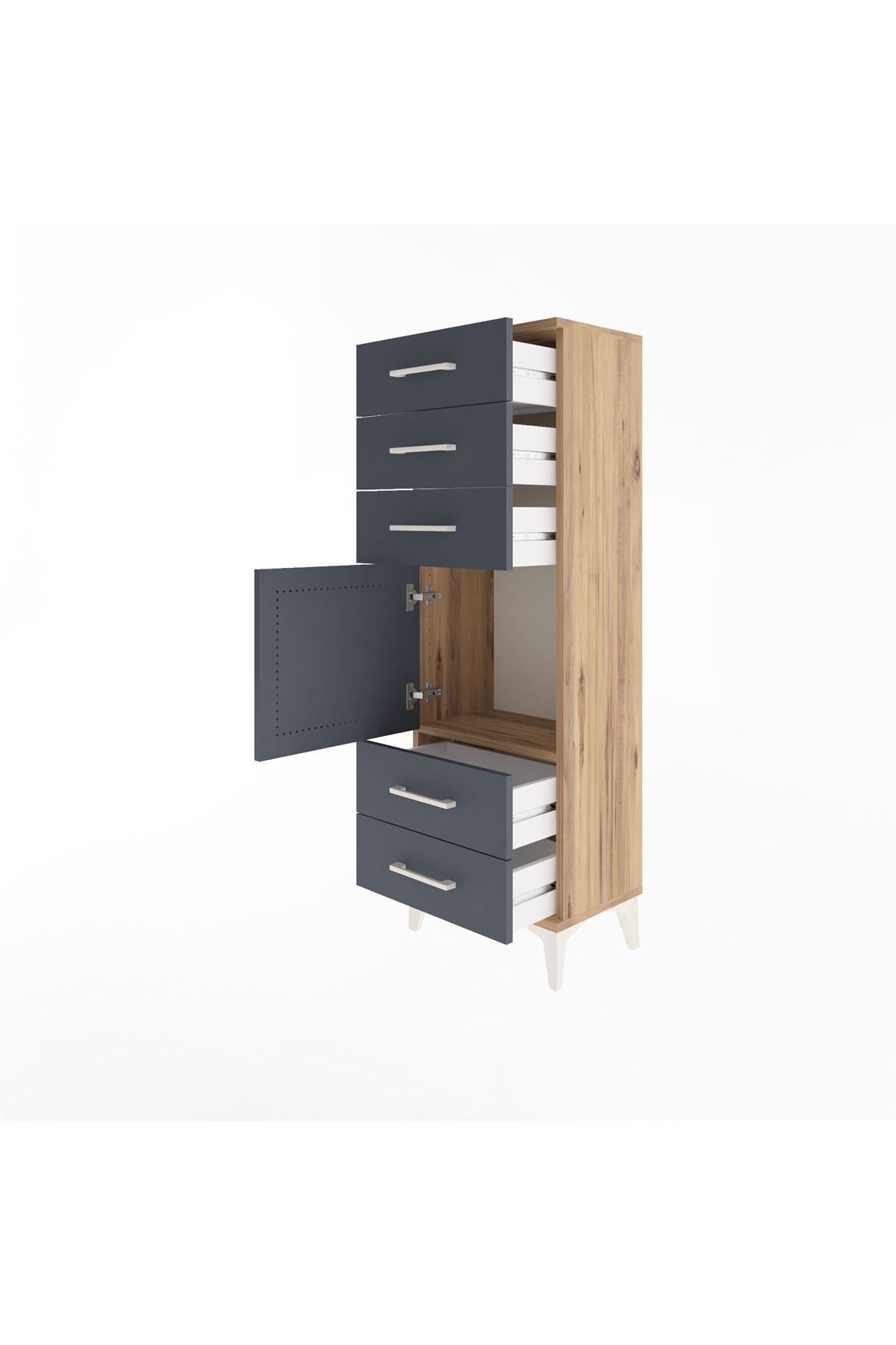 Arges Dolap Tek Raflı 5 Çekmeceli Tek Kapaklı 44x30x134 Çam-Antrasit