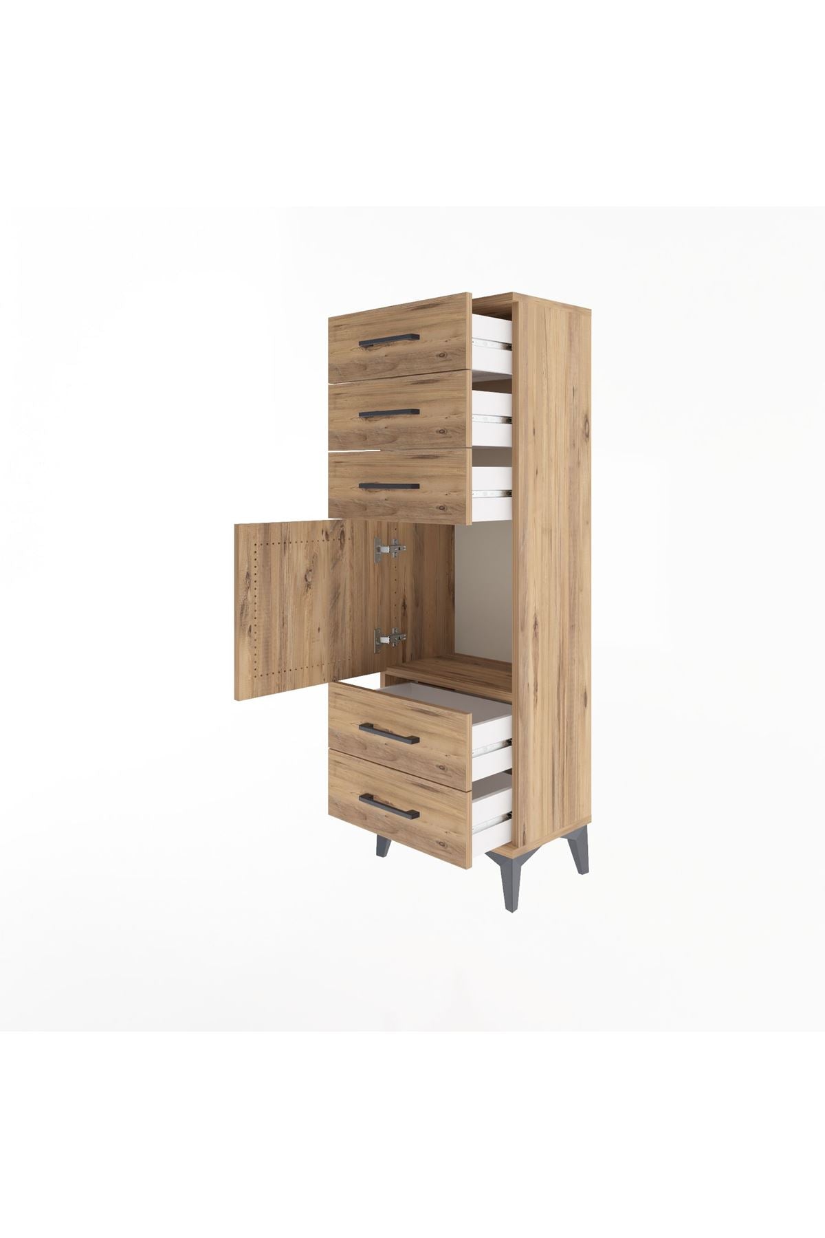 Arges Dolap Tek Raflı 5 Çekmeceli Tek Kapaklı 44x30x134 Çam-Çam