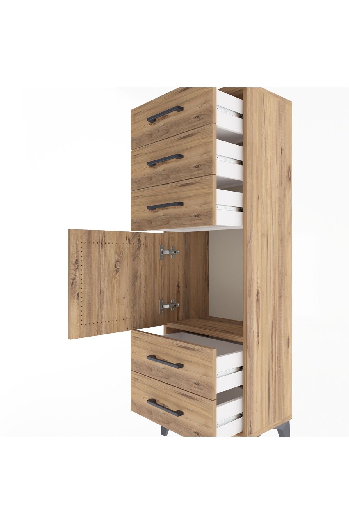 Arges Dolap Tek Raflı 5 Çekmeceli Tek Kapaklı 44x30x134 Çam-Çam