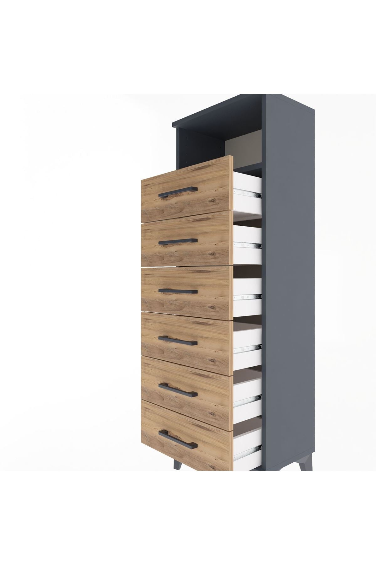 Arges Dolap Tek Raflı 6 Çekmeceli 44x30x134 Antrasit-Çam