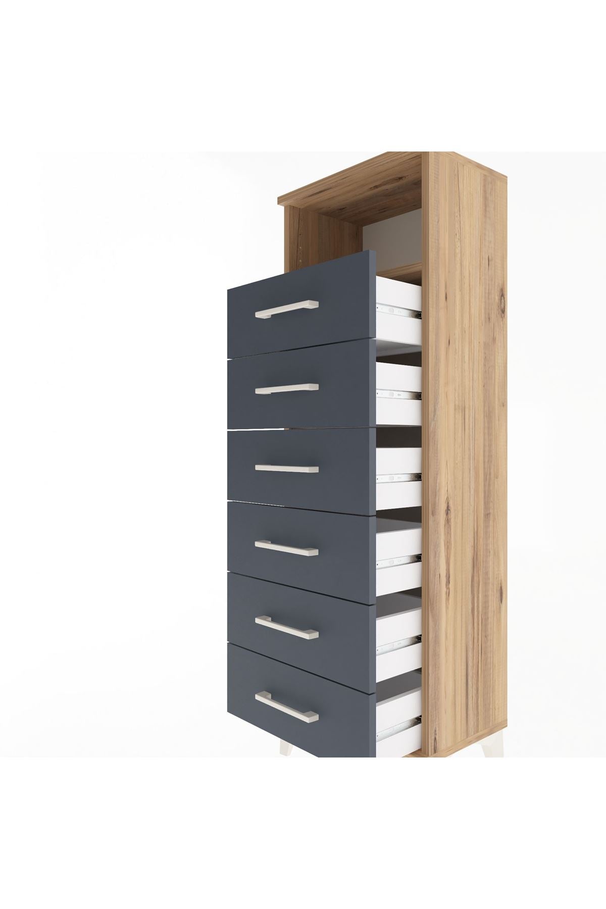 Arges Dolap Tek Raflı 6 Çekmeceli 44x30x134 Çam-Antrasit