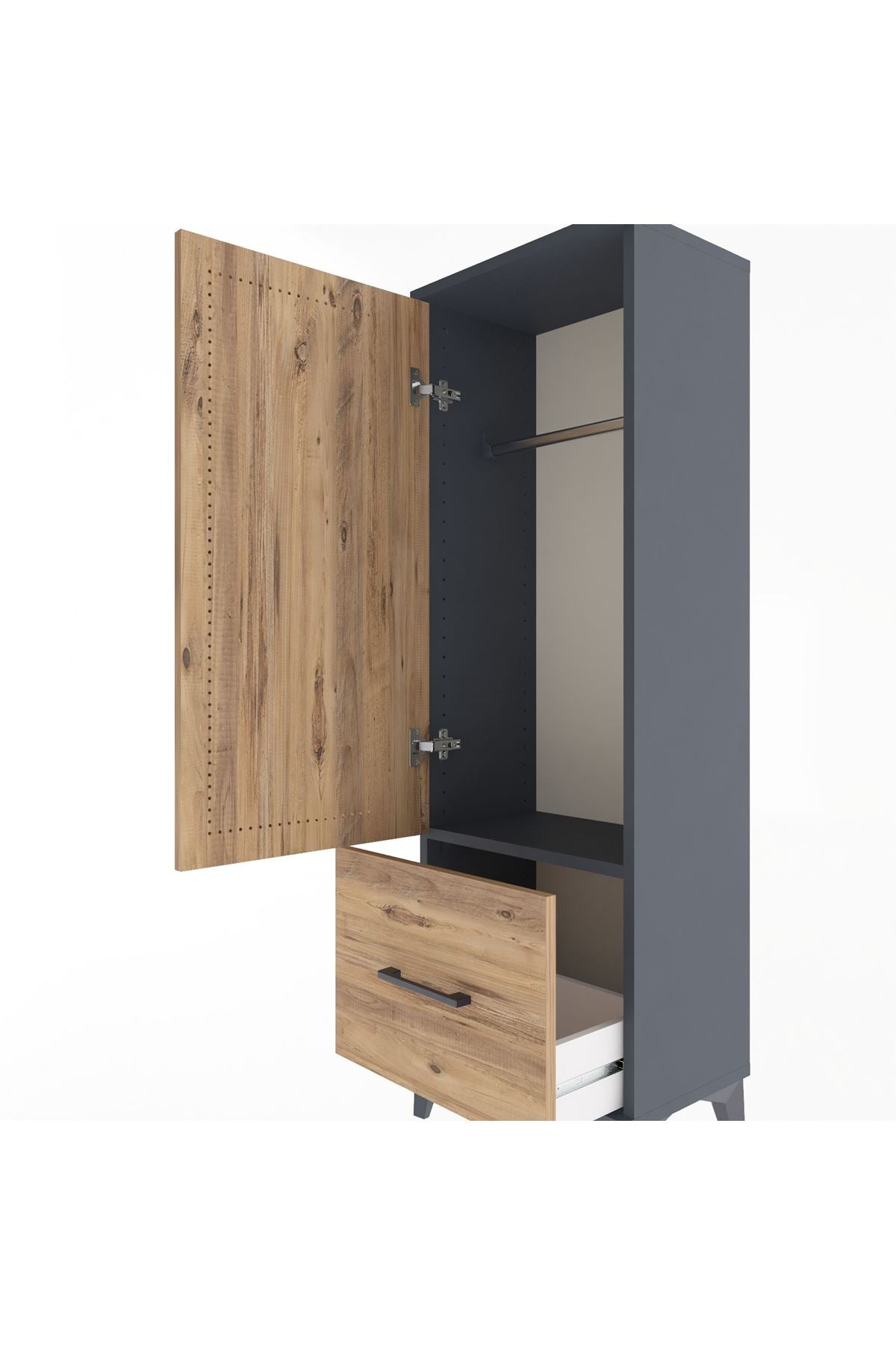 Arges Dolap Tek Raflı Tek Çekmeceli Tek Askılı 44x30x134 Antrasit-Çam