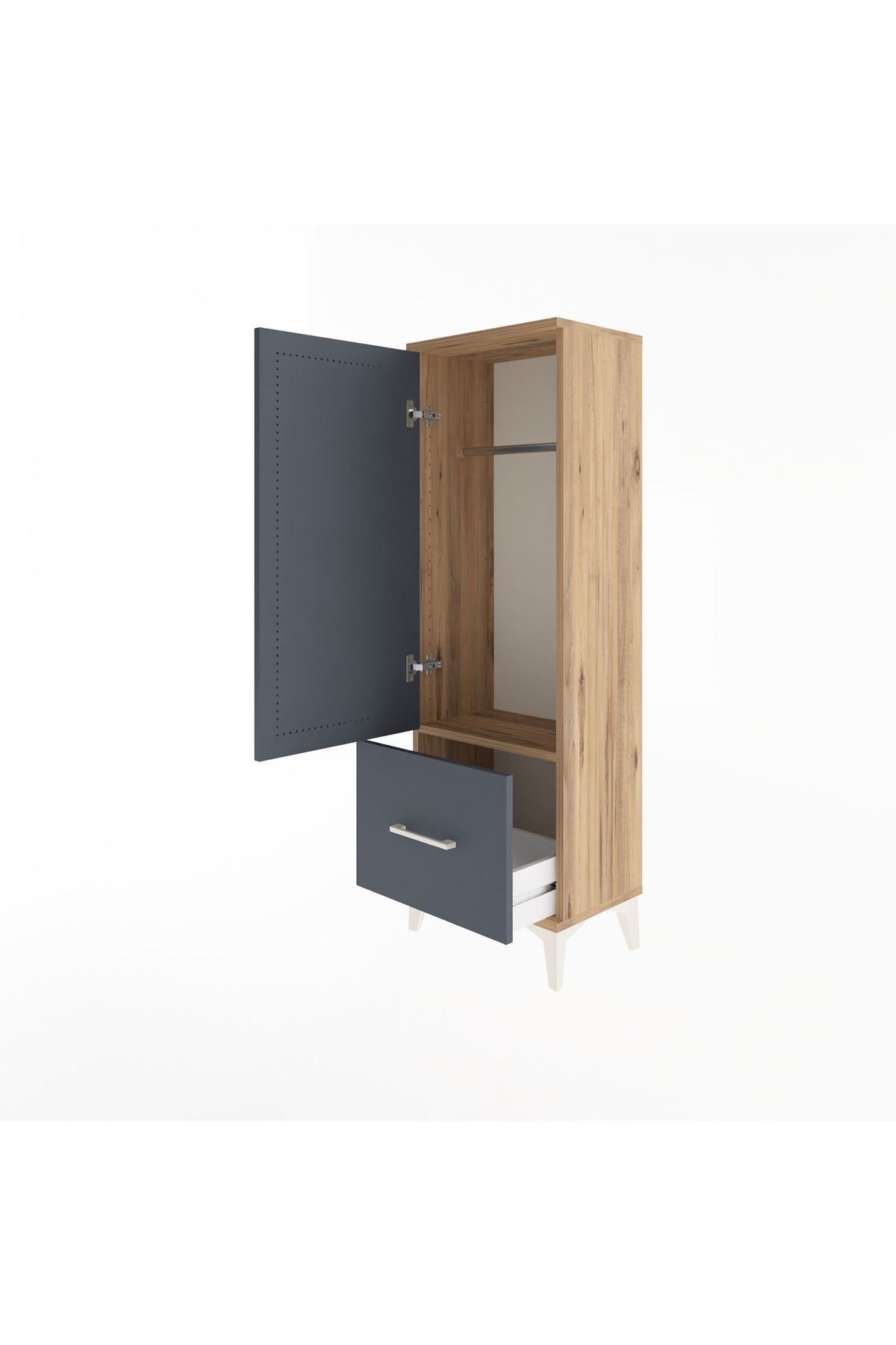 Arges Dolap Tek Raflı Tek Çekmeceli Tek Askılı 44x30x134 Çam-Antrasit