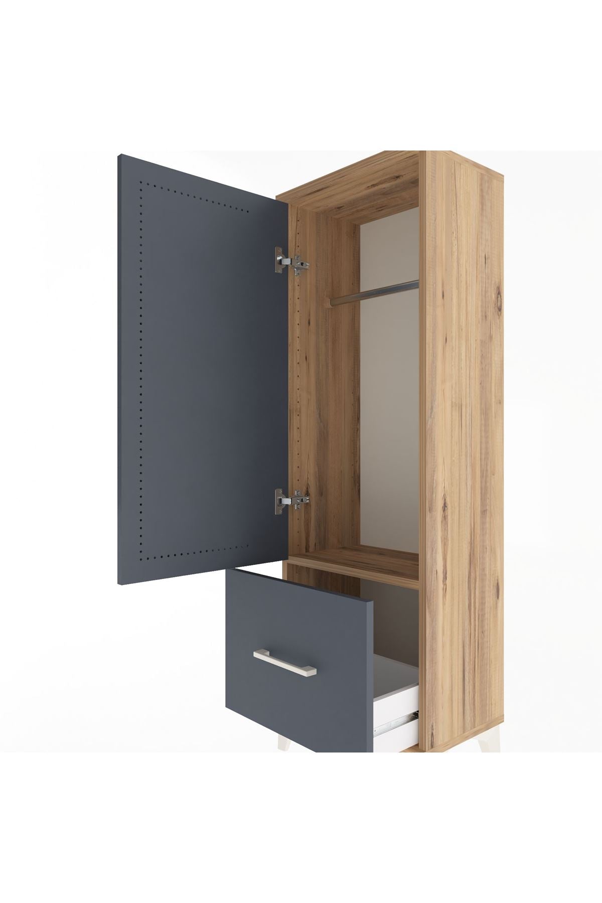 Arges Dolap Tek Raflı Tek Çekmeceli Tek Askılı 44x30x134 Çam-Antrasit
