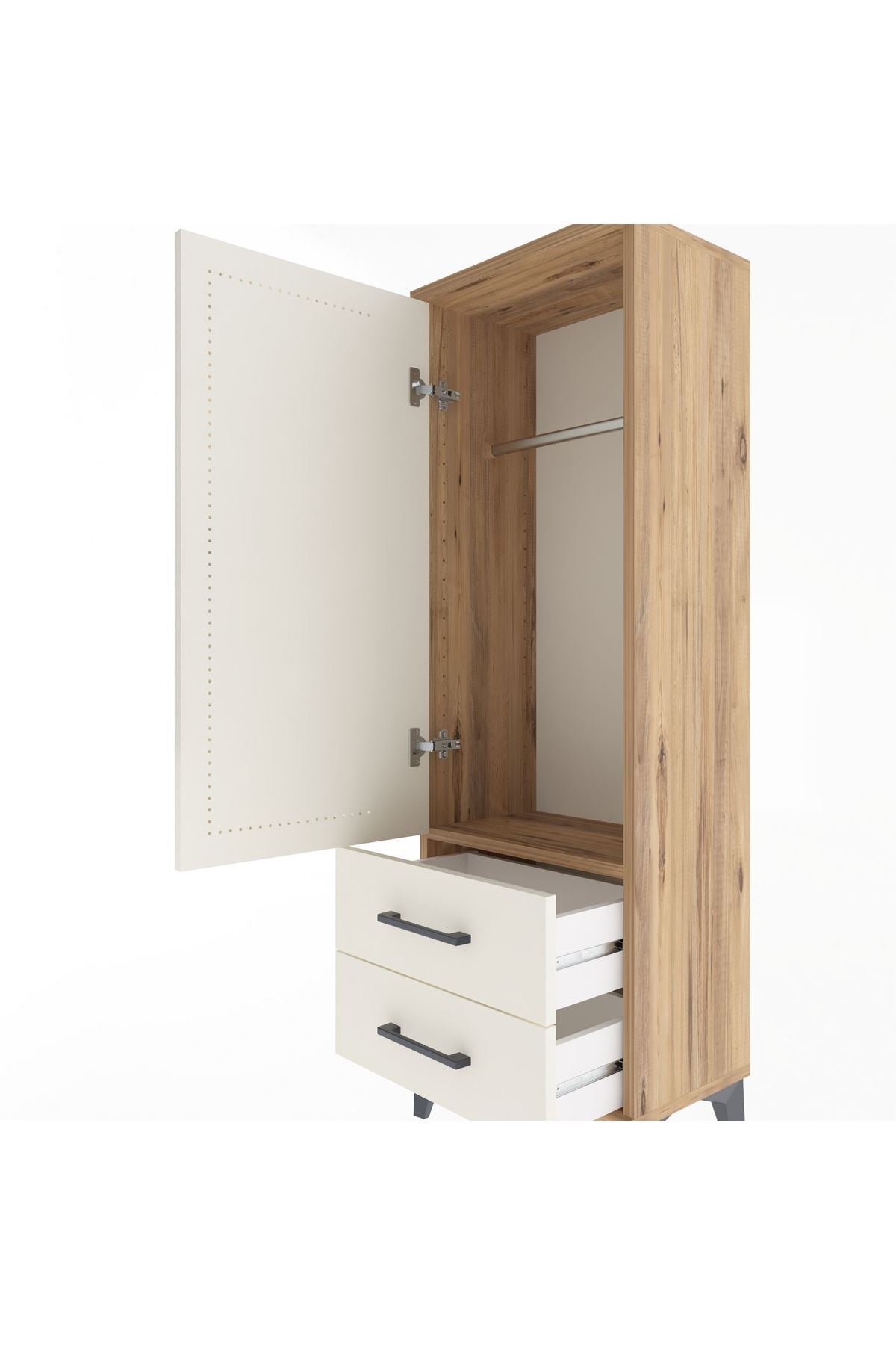 Arges Dolap Tek Raflı 2 Çekmeceli Tek Askılı 44x30x134 Çam-Aytaşı
