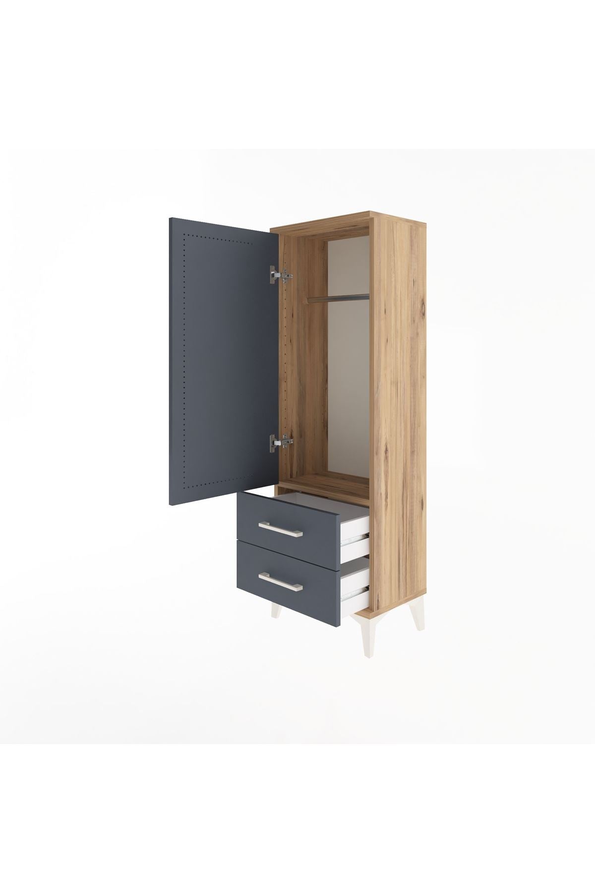 Arges Dolap Tek Raflı 2 Çekmeceli Tek Askılı 44x30x134 Çam-Antrasit