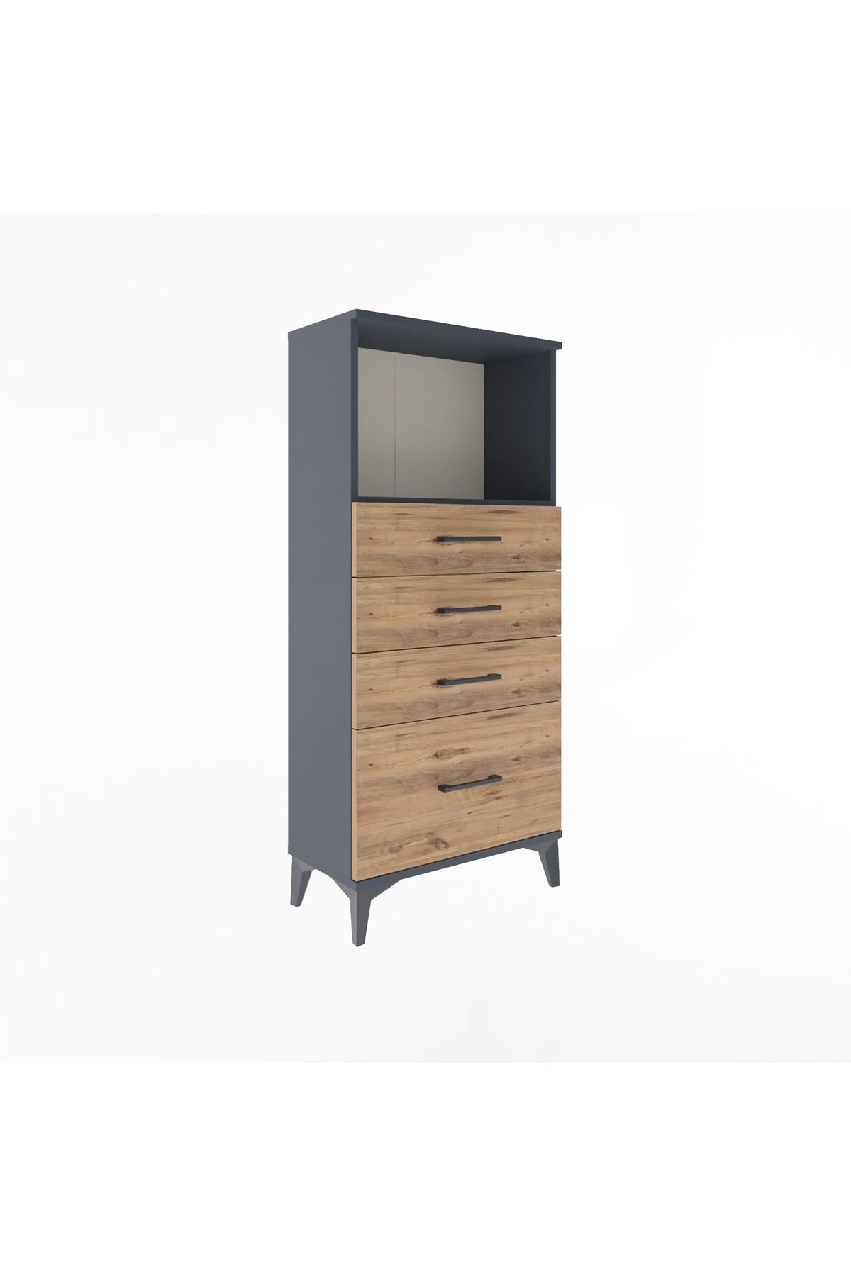 Arges Dolap Tek Raflı 4 Çekmeceli 60x30x134 Antrasit-Çam