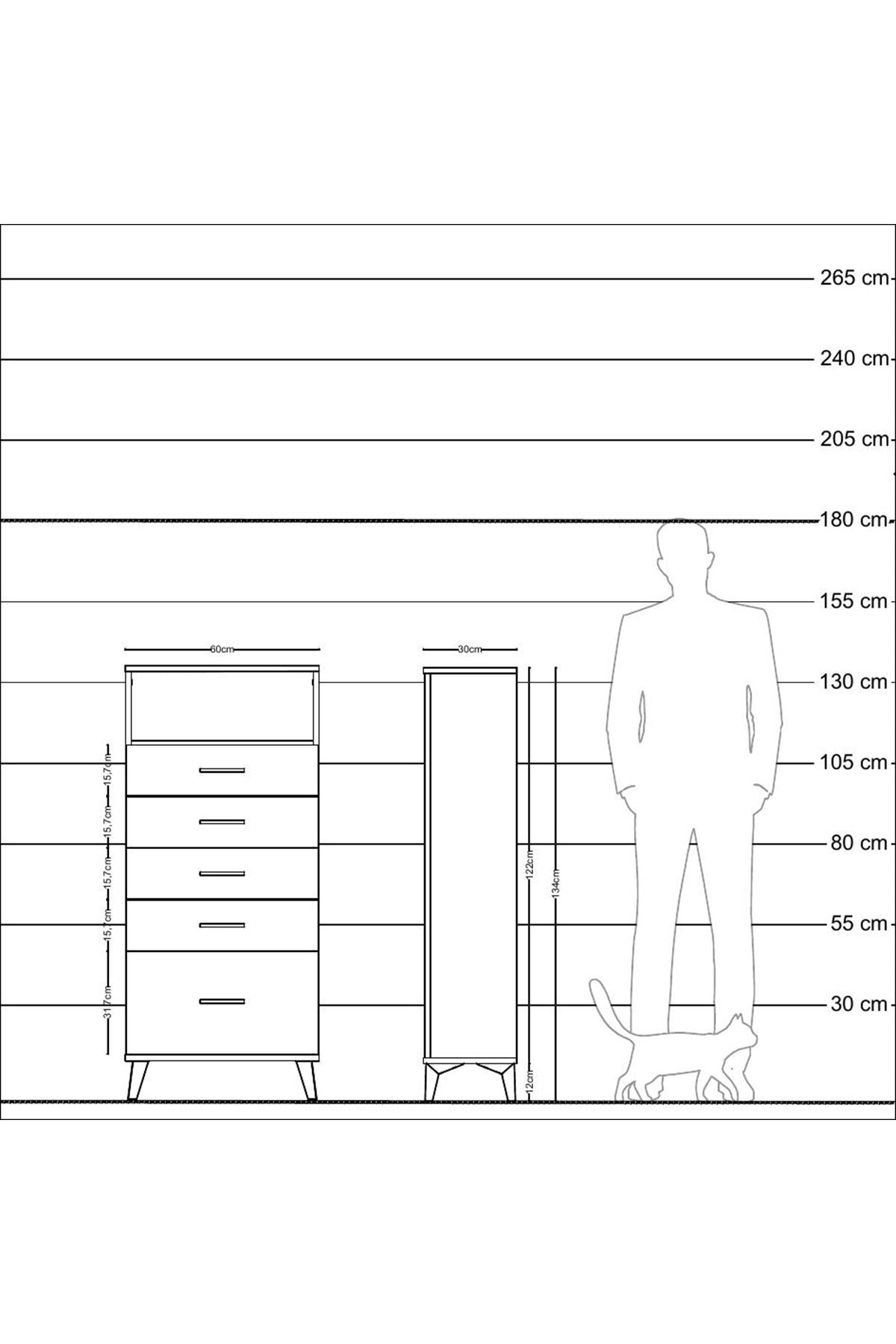 Arges Dolap Tek Raflı 5 Çekmeceli 60x30x134 Antrasit-Antrasit