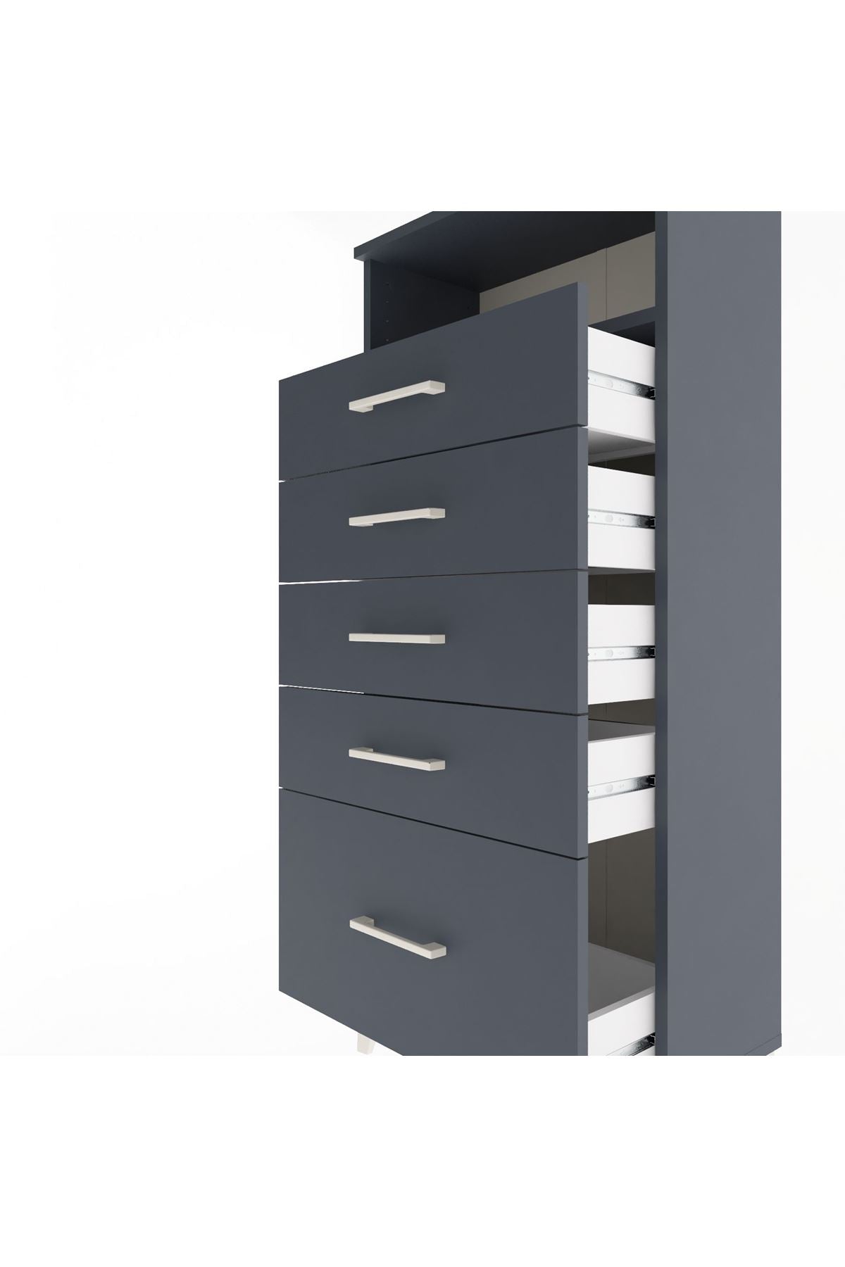 Arges Dolap Tek Raflı 5 Çekmeceli 60x30x134 Antrasit-Antrasit