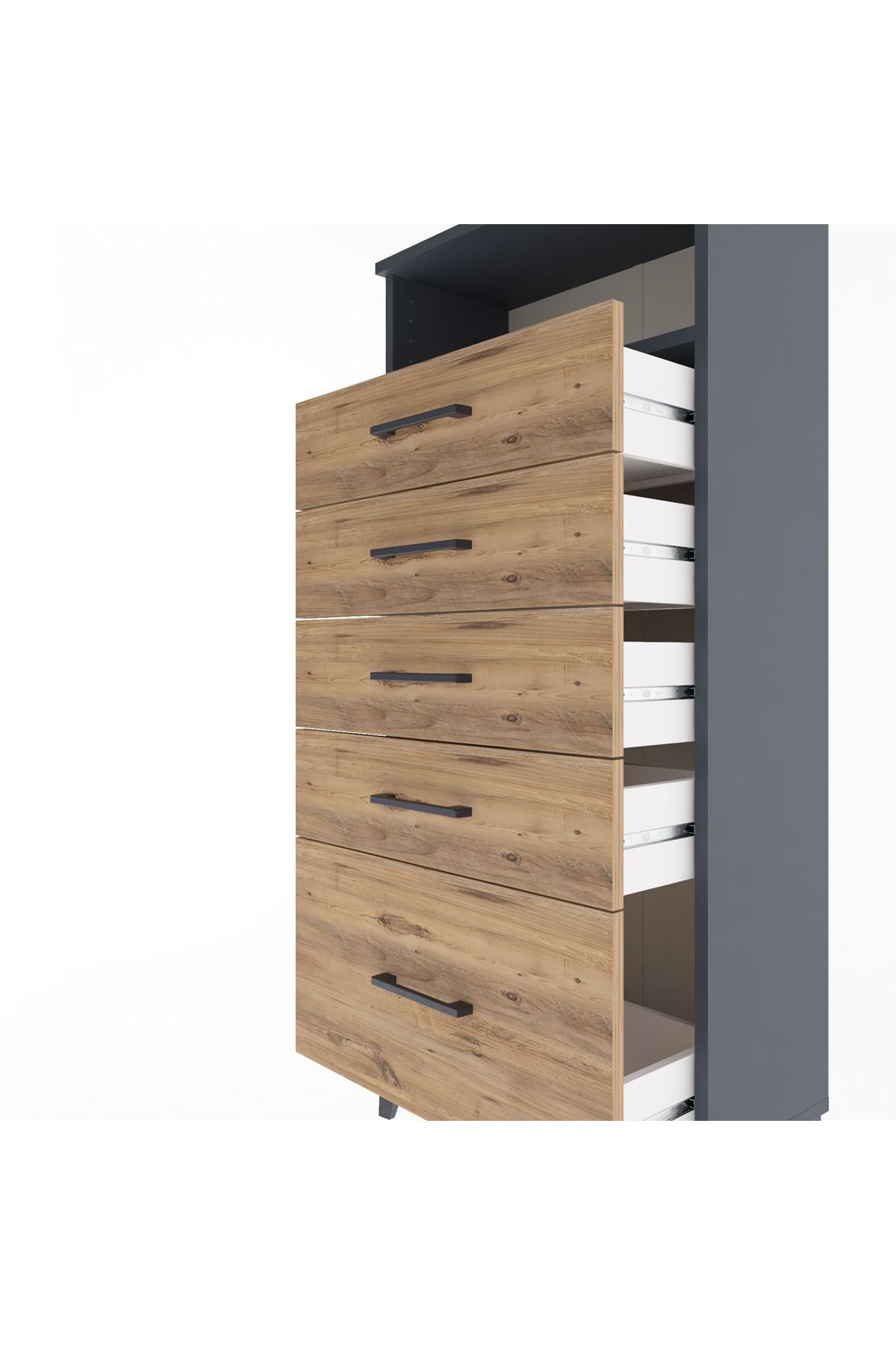 Arges Dolap Tek Raflı 5 Çekmeceli 60x30x134 Antrasit-Çam