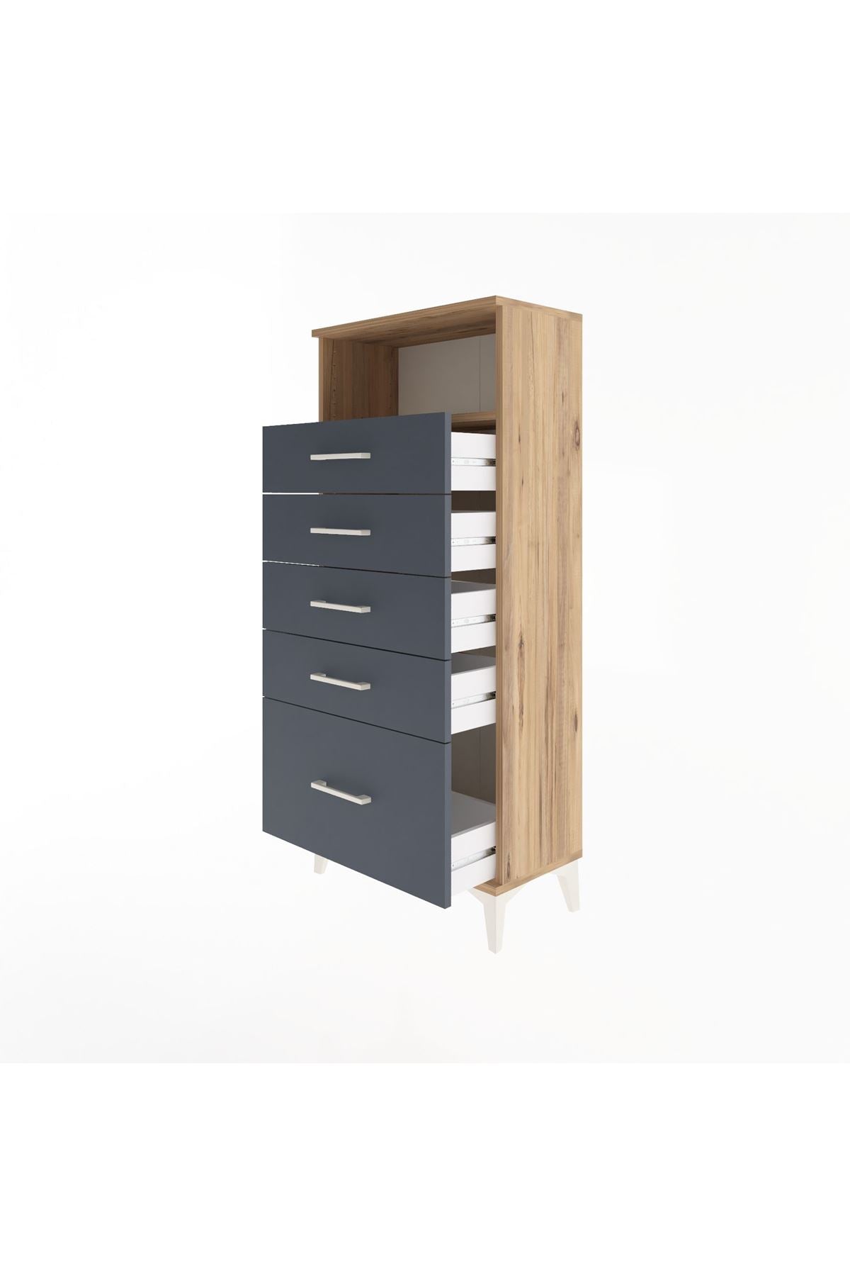 Arges Dolap Tek Raflı 5 Çekmeceli 60x30x134 Çam-Antrasit
