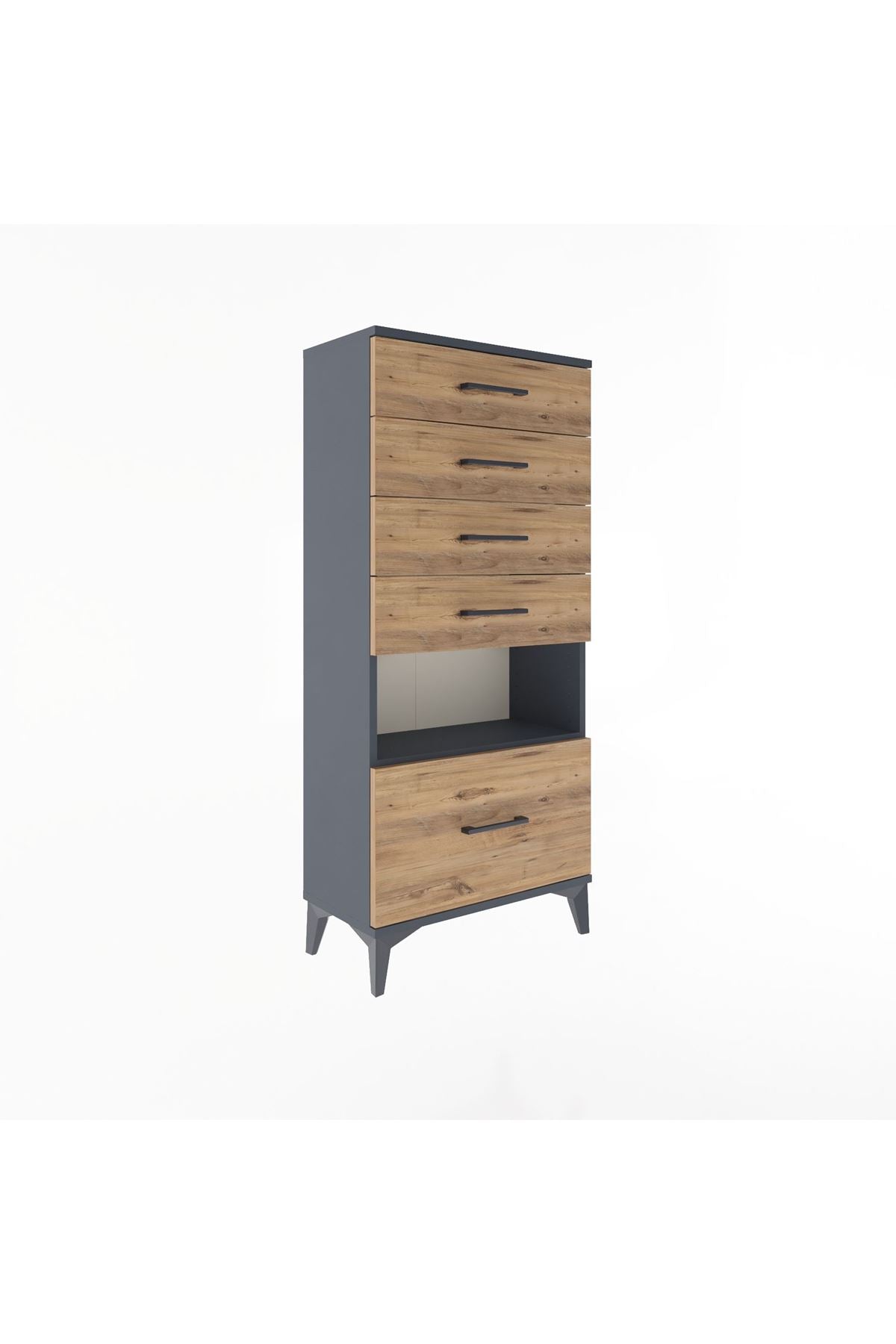 Arges Dolap Tek Raflı 5 Çekmeceli 60x30x134 Antrasit-Çam