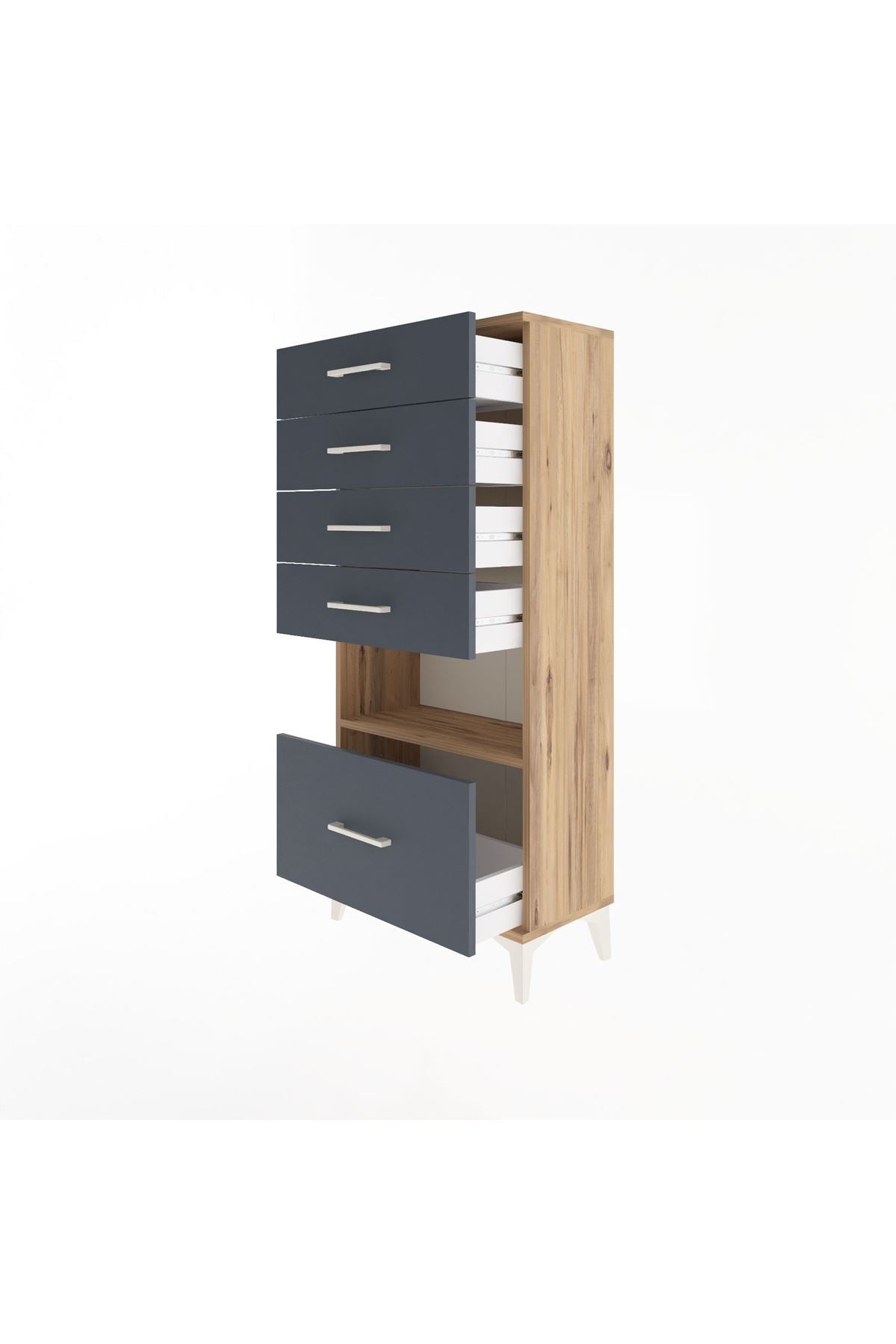 Arges Dolap Tek Raflı 5 Çekmeceli 60x30x134 Çam-Antrasit