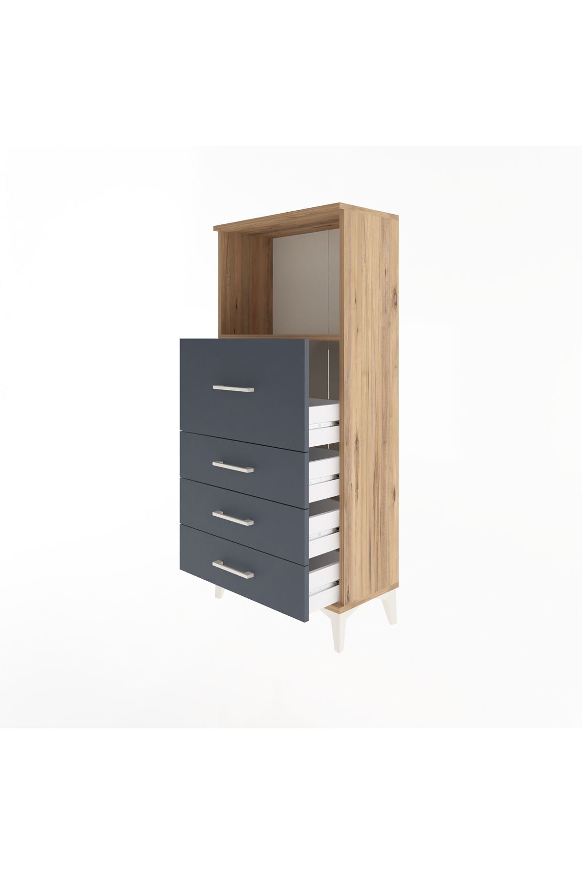 Arges Dolap Tek Raflı 4 Çekmeceli 60x30x134 Çam-Antrasit