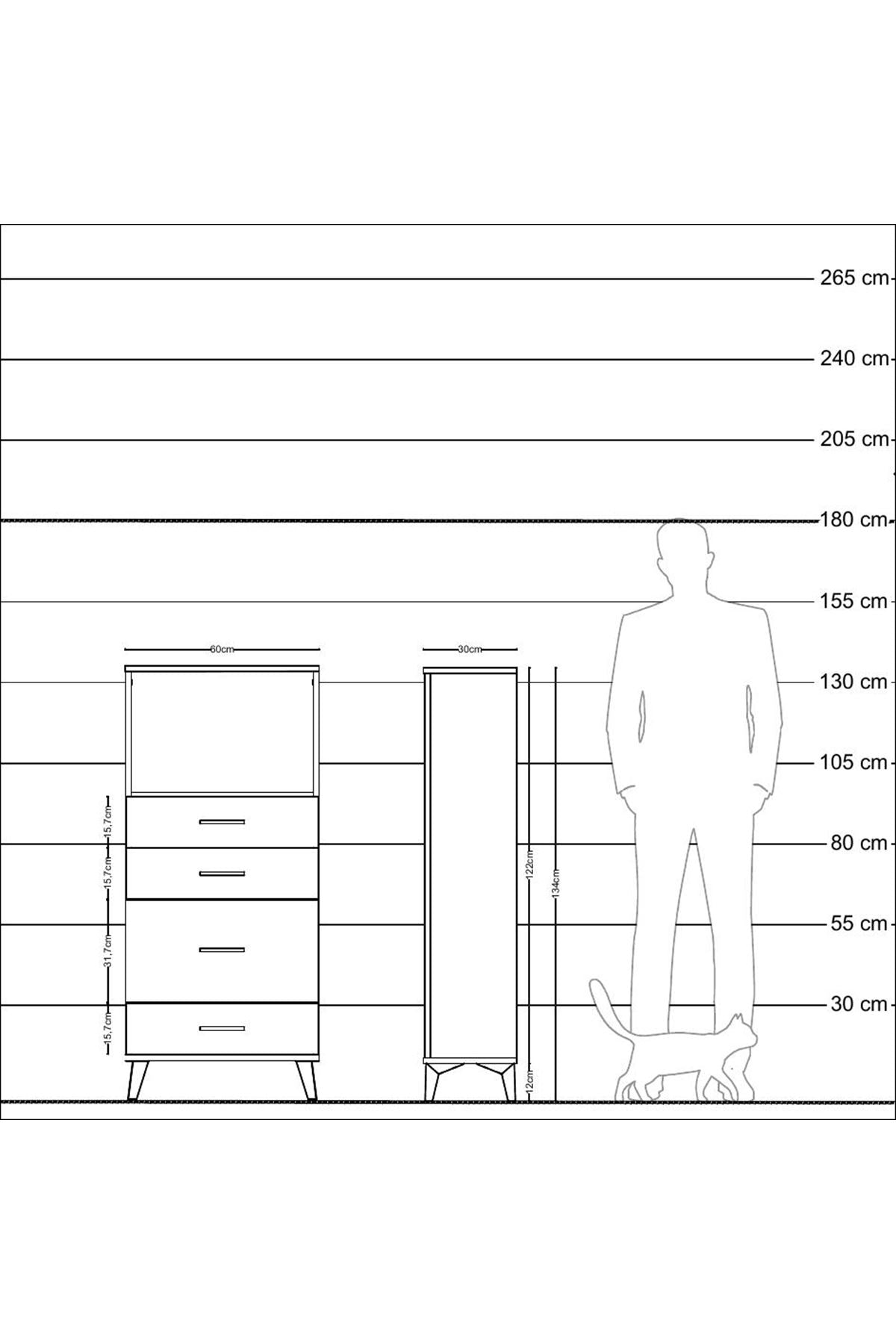 Arges Dolap Tek Raflı 4 Çekmeceli 60x30x134 Çam-Çam