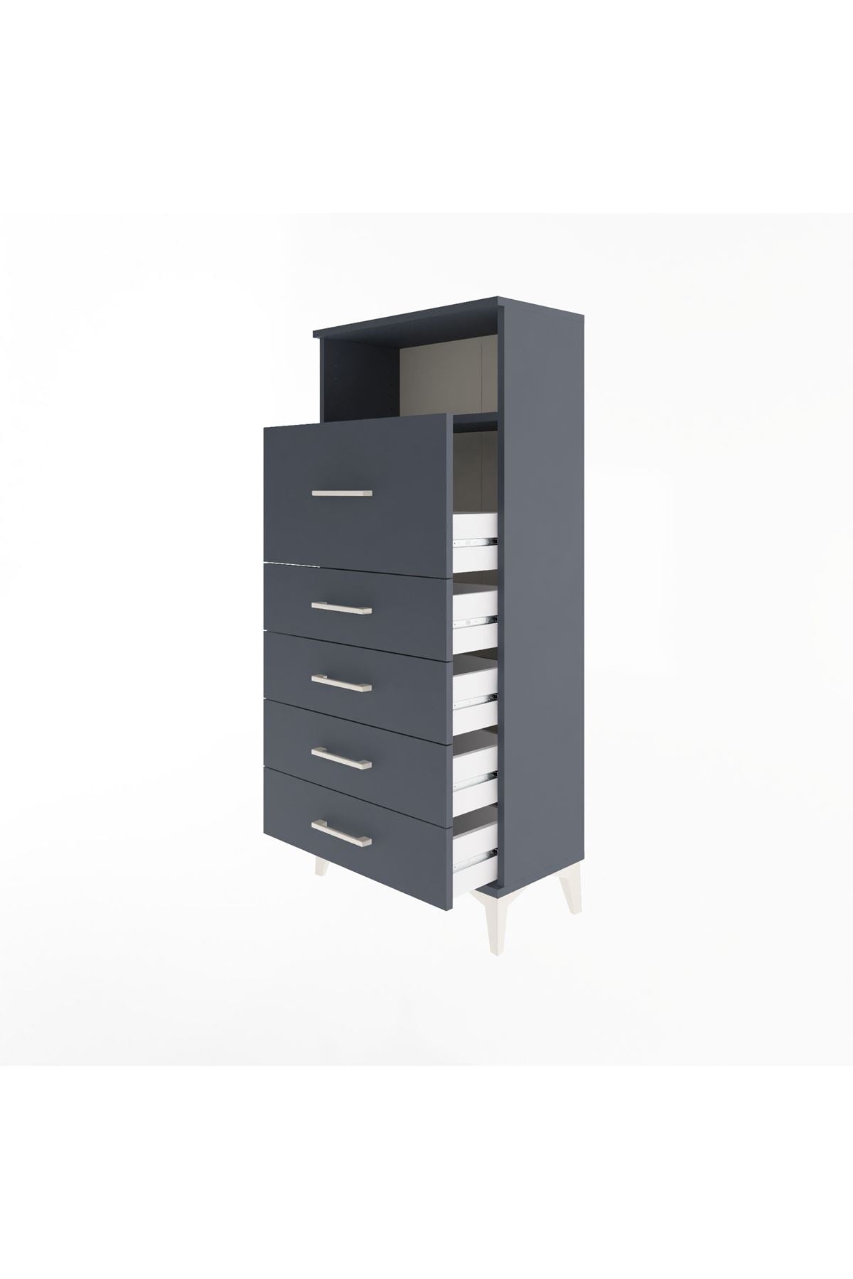 Arges Dolap Tek Raflı 5 Çekmeceli 60x30x134 Antrasit-Antrasit