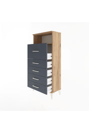 Arges Dolap Tek Raflı 5 Çekmeceli 60x30x134 Çam-Antrasit