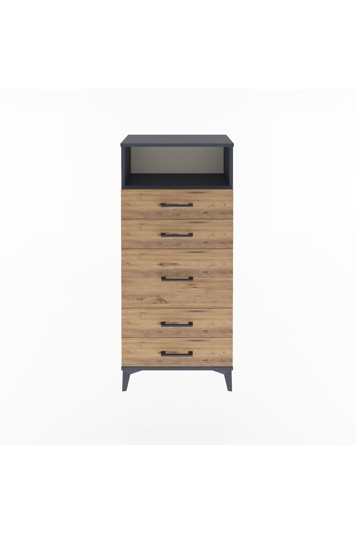 Arges Dolap Tek Raflı 5 Çekmeceli 60x30x134 Antrasit-Çam