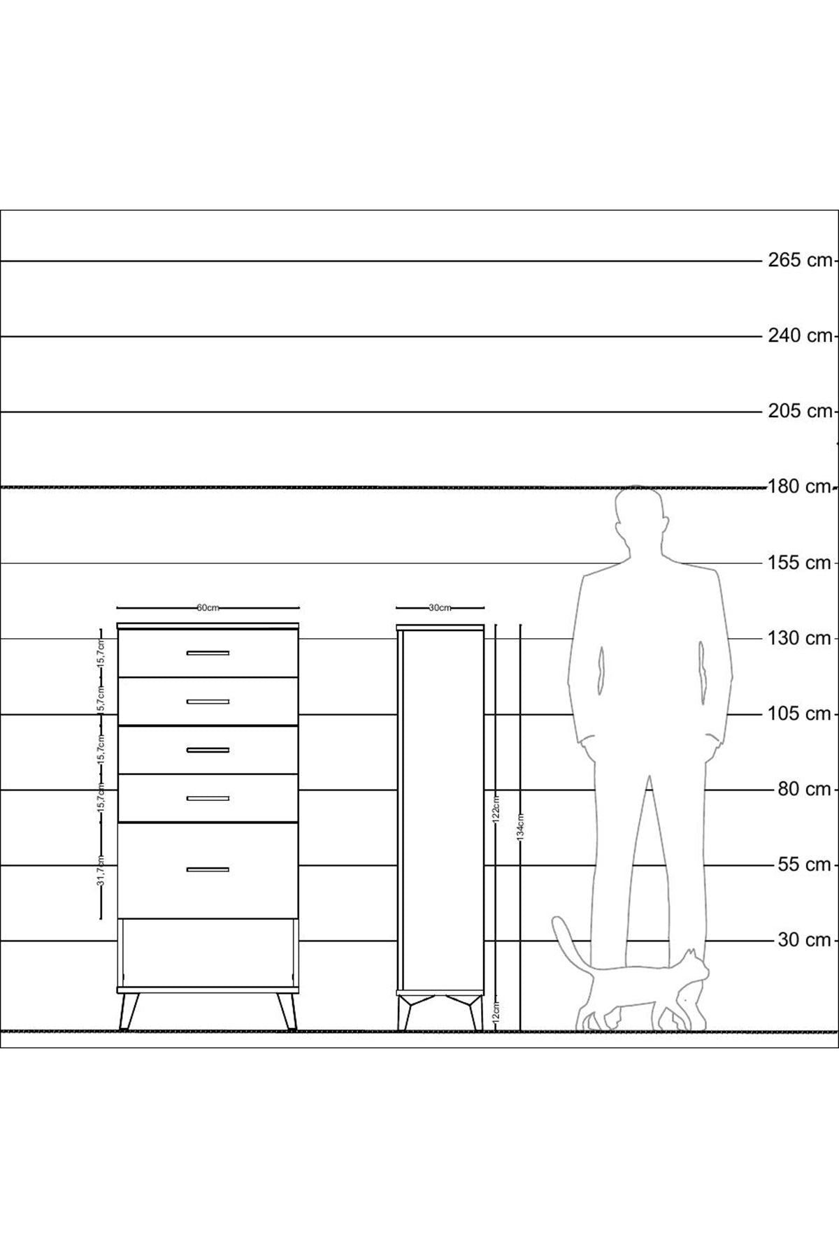 Arges Dolap 5 Çekmeceli 60x30x134 Çam-Antrasit