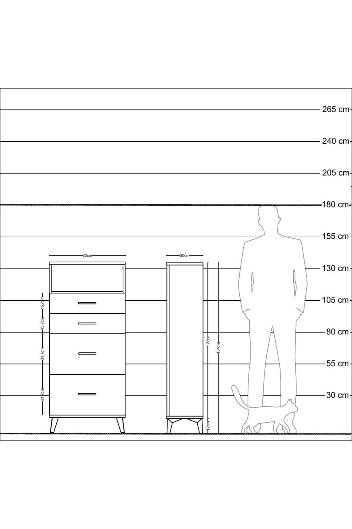 Arges Dolap Tek Raflı 4 Çekmeceli 60x30x134 Çam-Çam