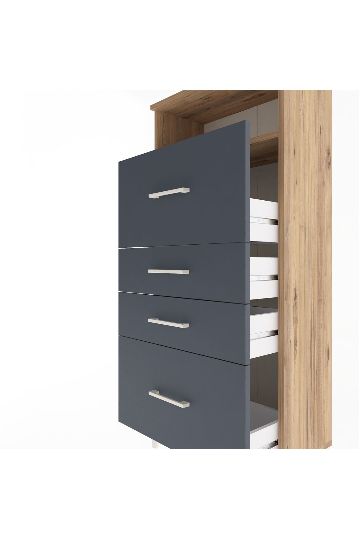 Arges Dolap Tek Raflı 4 Çekmeceli 60x30x134 Çam-Antrasit