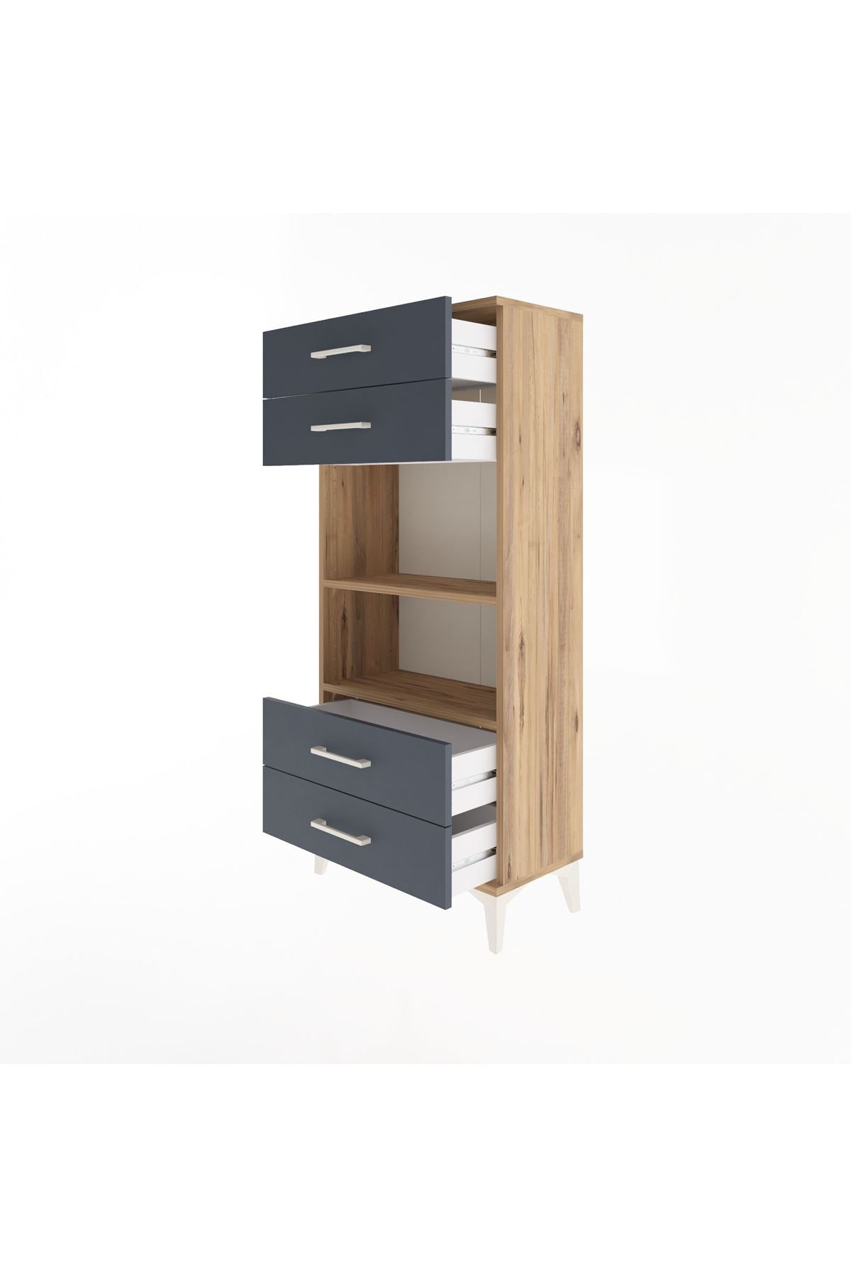 Arges Dolap 2 Raflı 4 Çekmeceli 60x30x134 Çam-Antrasit