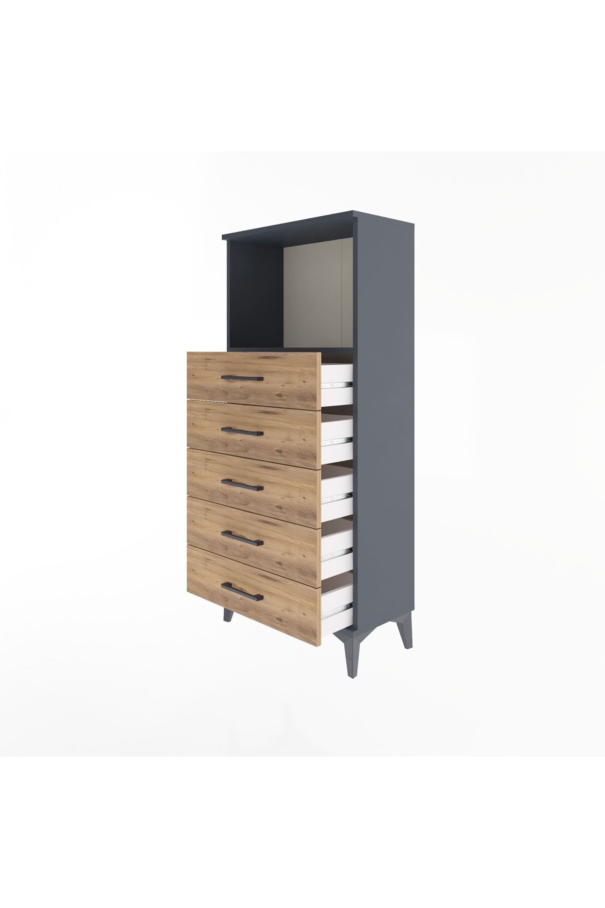 Arges Dolap Tek Raflı 5 Çekmeceli 60x30x134 Antrasit-Çam