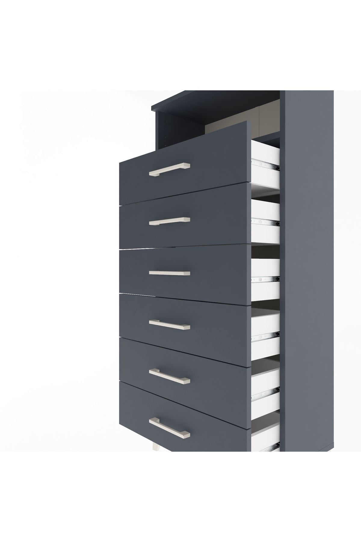 Arges Dolap Tek Raflı 6 Çekmeceli 60x30x134 Antrasit-Antrasit