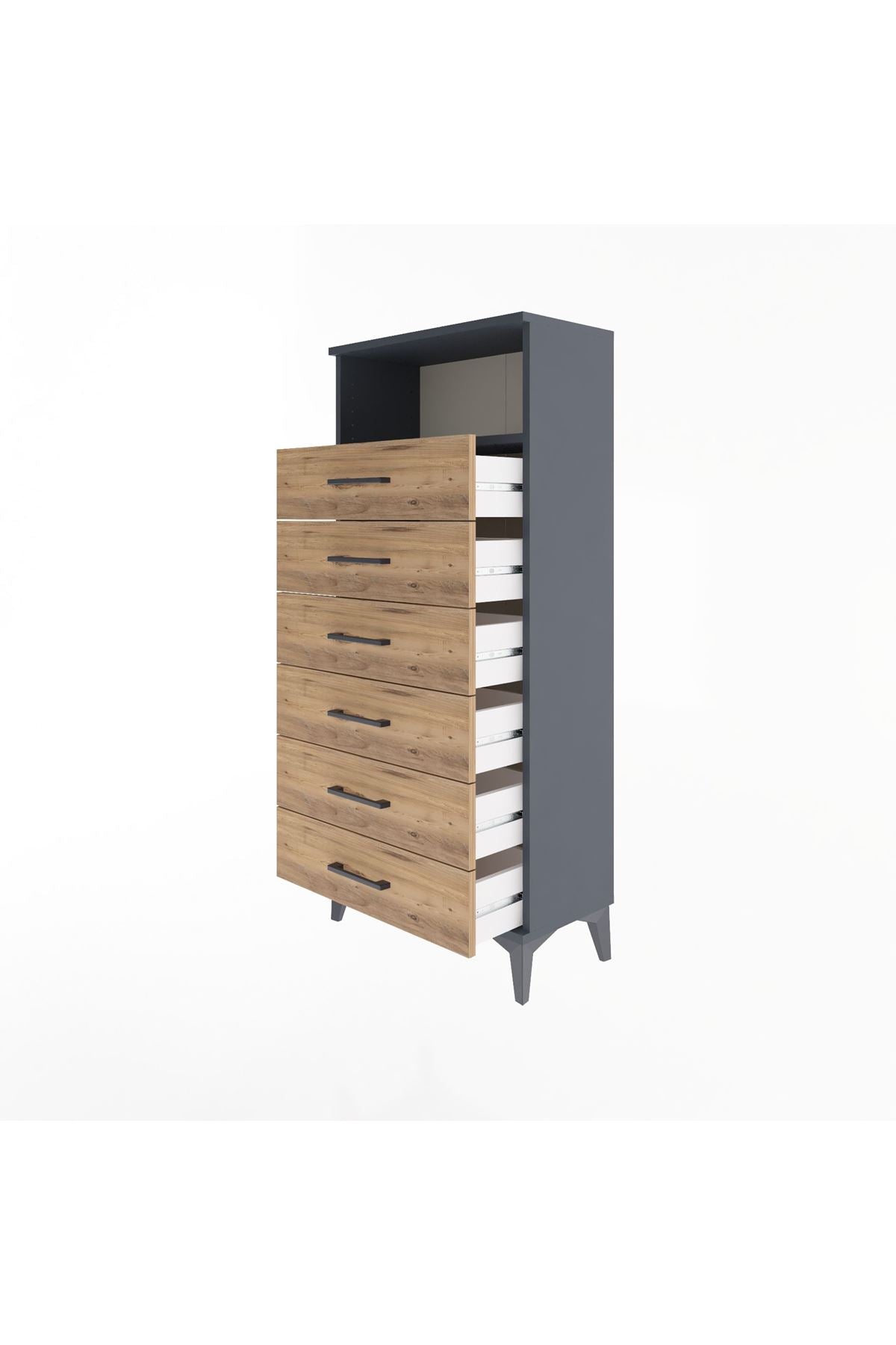 Arges Dolap Tek Raflı 6 Çekmeceli 60x30x134 Antrasit-Çam