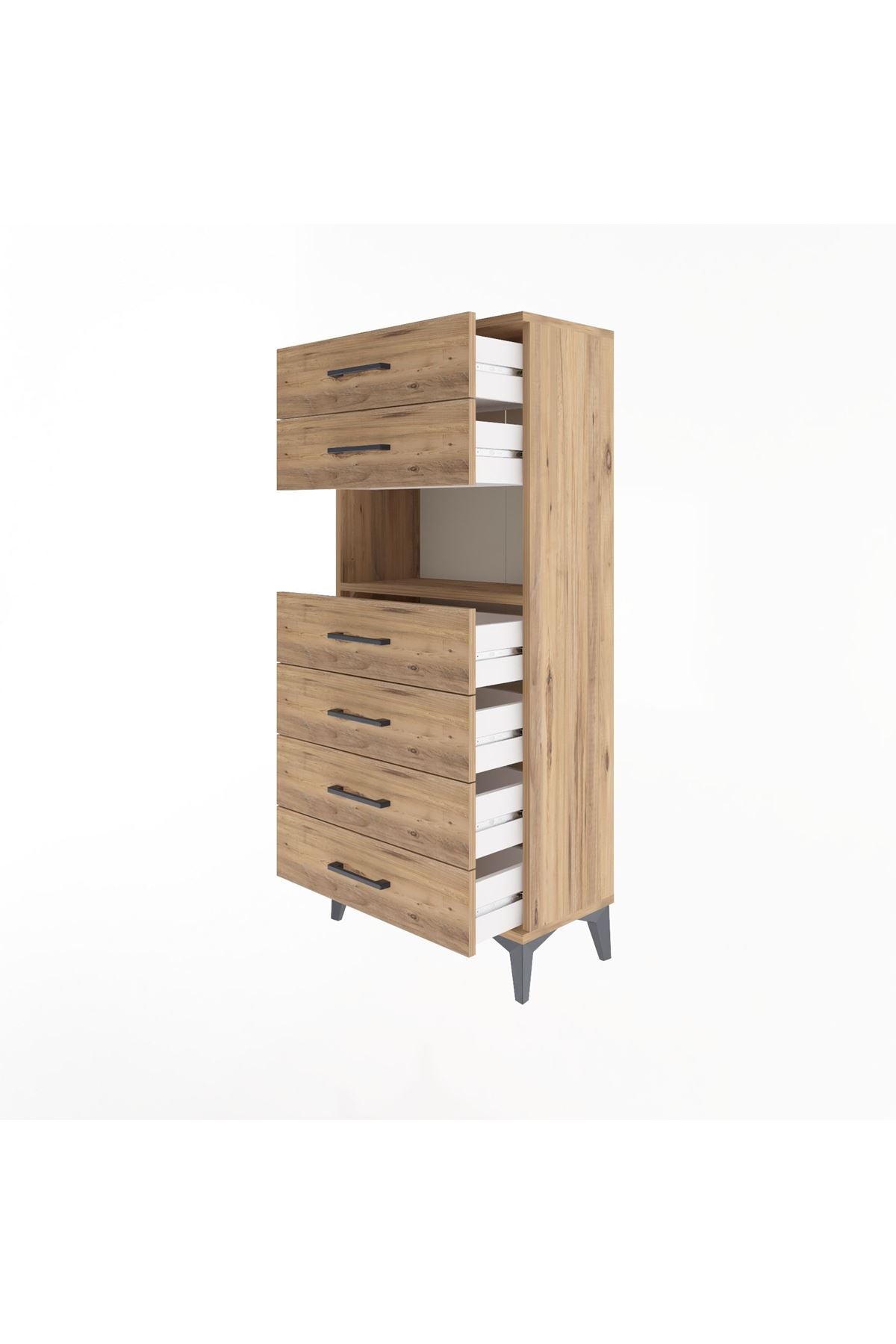 Arges Dolap Tek Raflı 6 Çekmeceli 60x30x134 Çam-Çam