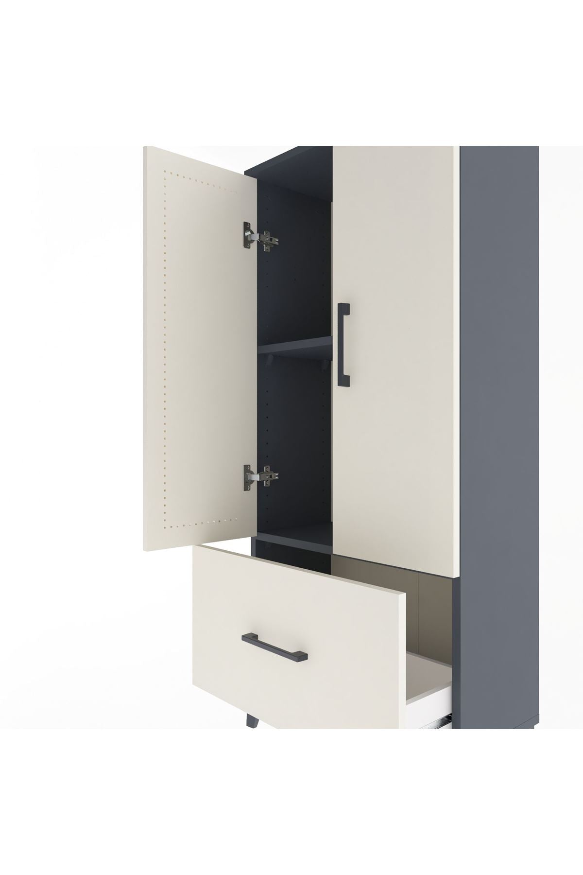 Arges Dolap 2 Raflı Tek Çekmeceli 2 Kapaklı 60x30x134 Antrasit-Aytaşı