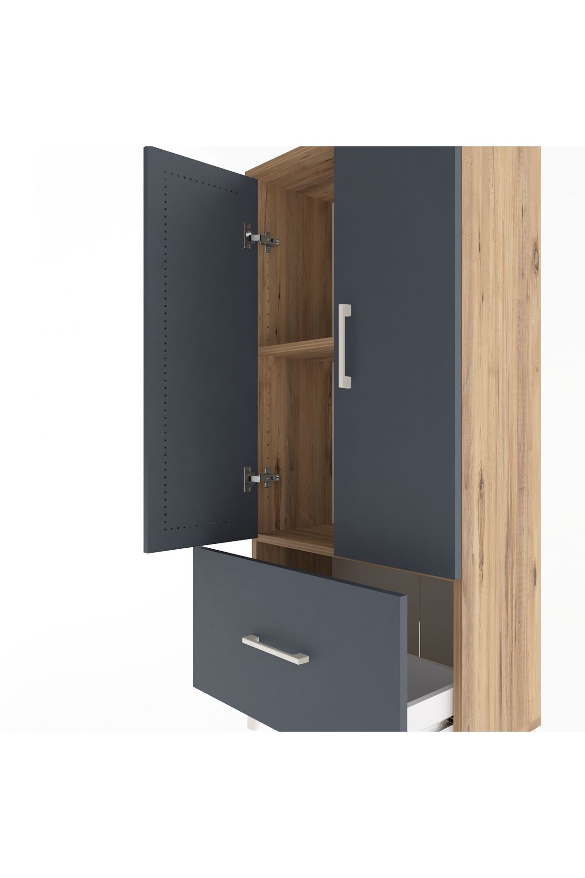 Arges Dolap 2 Raflı Tek Çekmeceli 2 Kapaklı 60x30x134 Çam-Antrasit